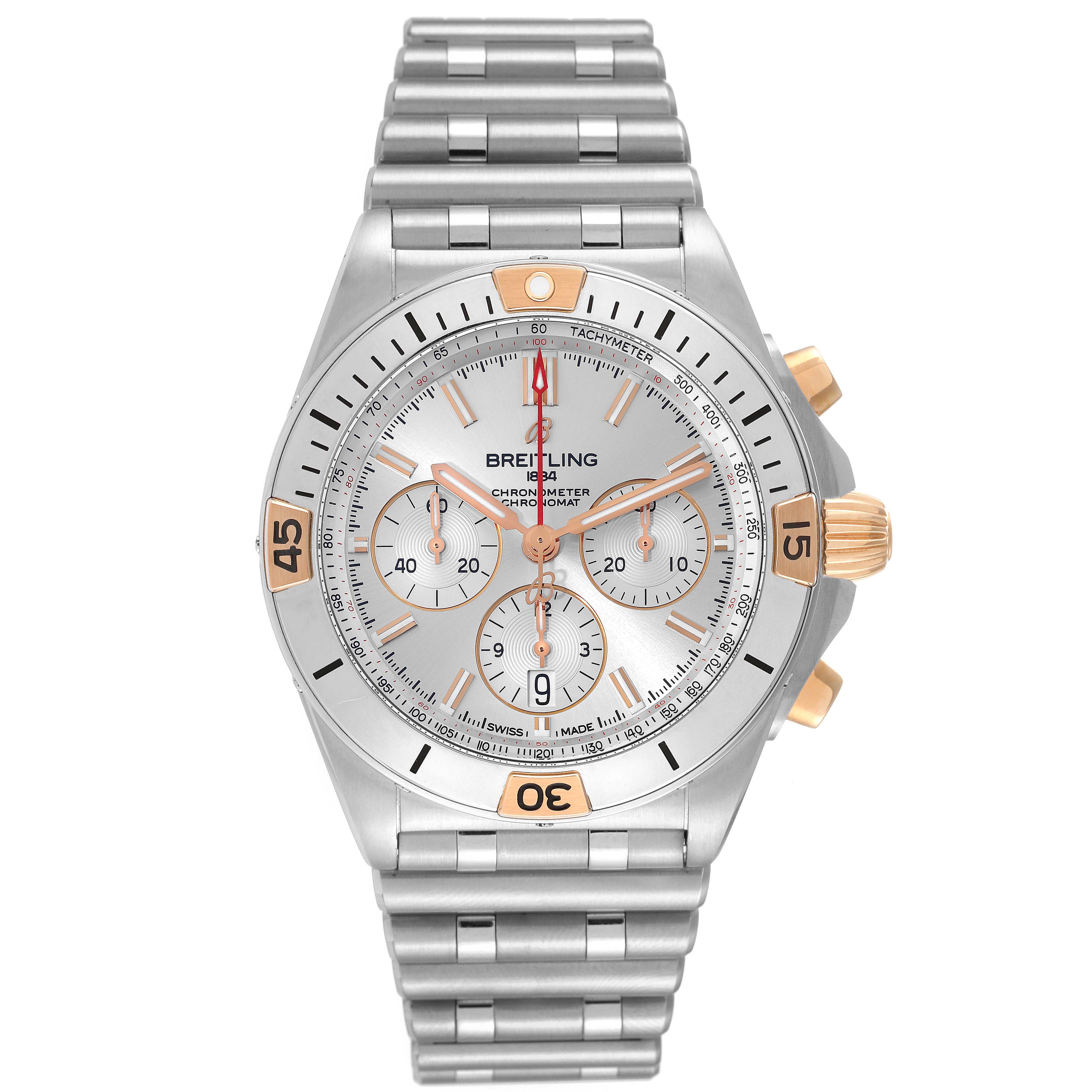 This is a frontal view of the Breitling Chronomat IB0134 Men
s Stainless Steel Silver Dial IB0134 Men
s Stainless Steel Silver Dial watch showcasing the face, bezel, and bracelet.