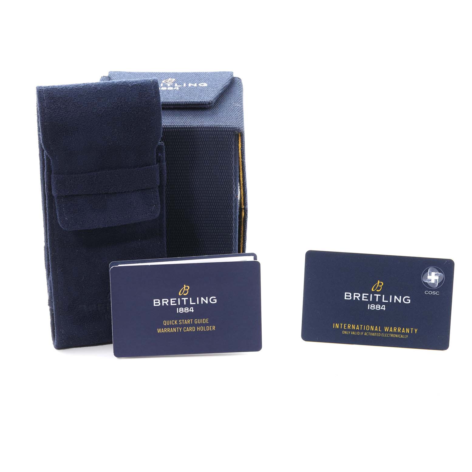 The image shows accessories for the Breitling Professional Series X82310 Men's Ceramic Black Dial X82310 Men's Ceramic Black Dial model, including a case, warranty card holder, and international warranty card.