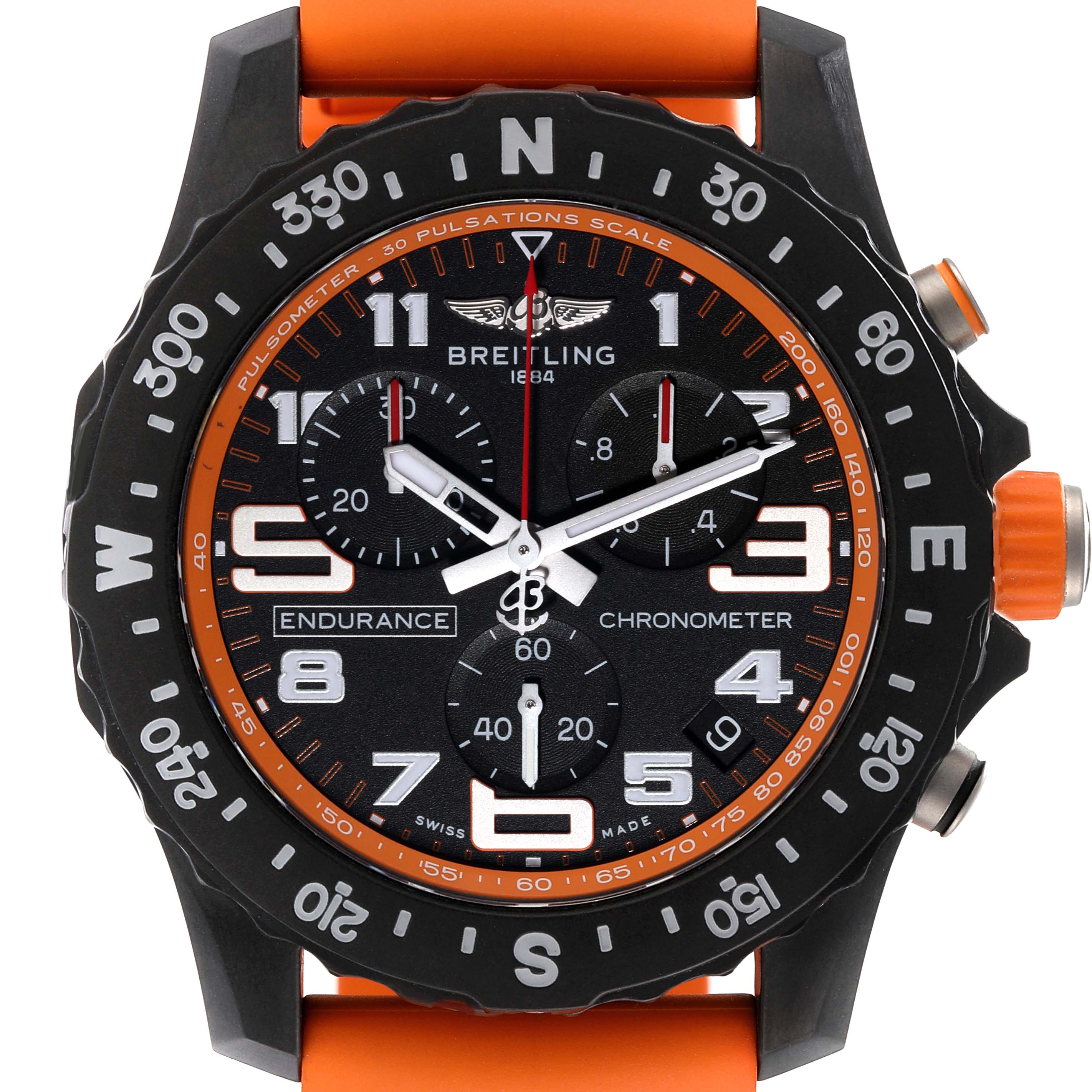 This image shows a front view of the Breitling Professional Series X82310 Men's Ceramic Black Dial X82310 Men's Ceramic Black Dial Endurance Chronometer watch with an orange strap.