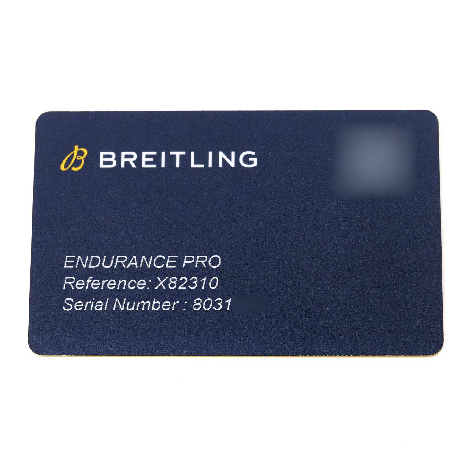 This image shows the registration card for the Breitling Professional Series X82310 Men's Ceramic Black Dial X82310 Men's Ceramic Black Dial model Endurance Pro, with reference X82310 and serial number 8031.