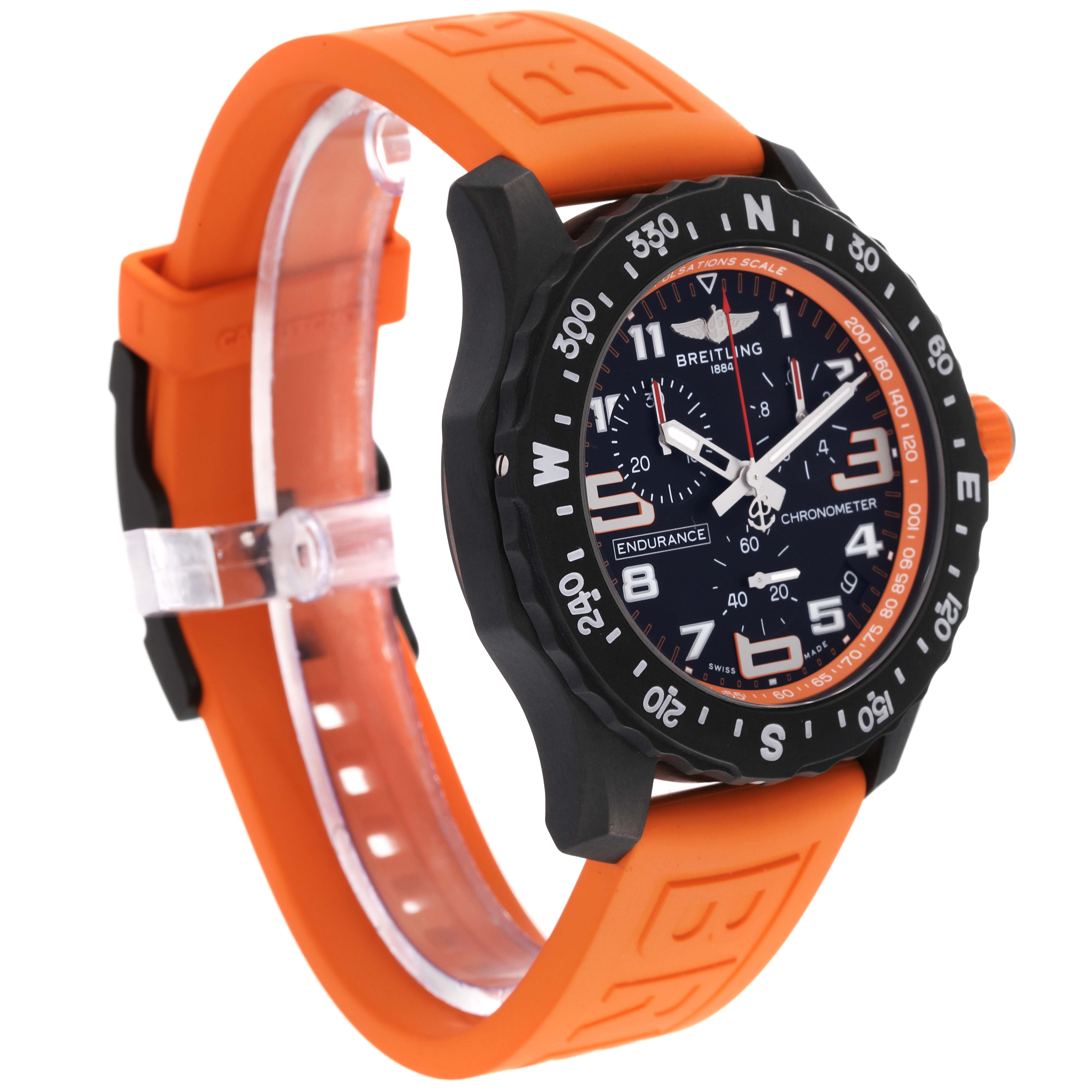 The image shows a Breitling Professional Series X82310 Men's Ceramic Black Dial X82310 Men's Ceramic Black Dial watch with an orange strap and a black case at a front-left angle.