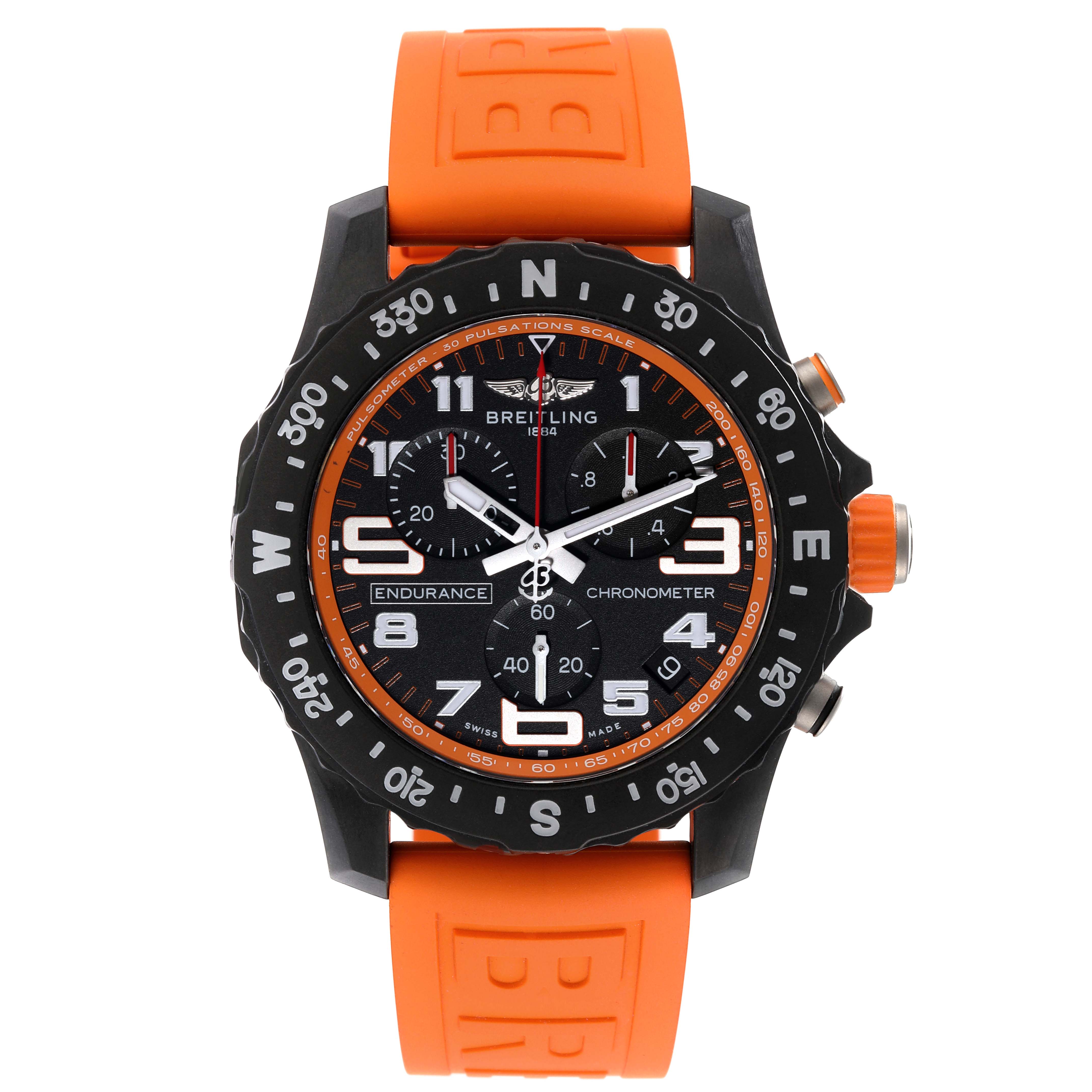 The Breitling Professional Series X82310 Men's Ceramic Black Dial X82310 Men's Ceramic Black Dial watch is shown from the front, highlighting its black dial, chronograph subdials, and orange rubber strap.