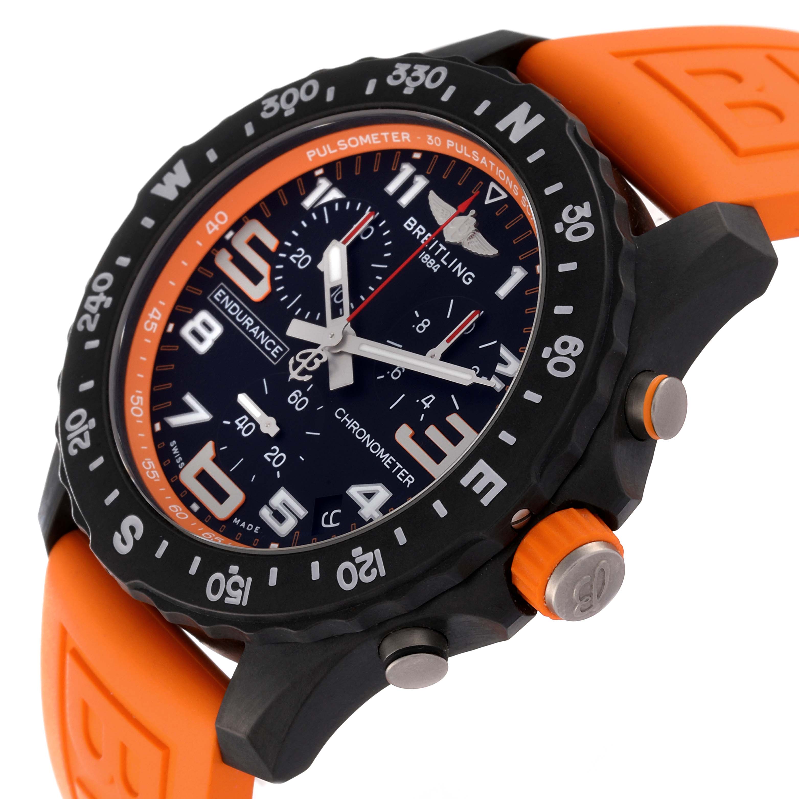 The image shows a side-angle view of the Breitling Professional Series X82310 Men's Ceramic Black Dial X82310 Men's Ceramic Black Dial model watch, highlighting the bezel, dial, and orange strap.