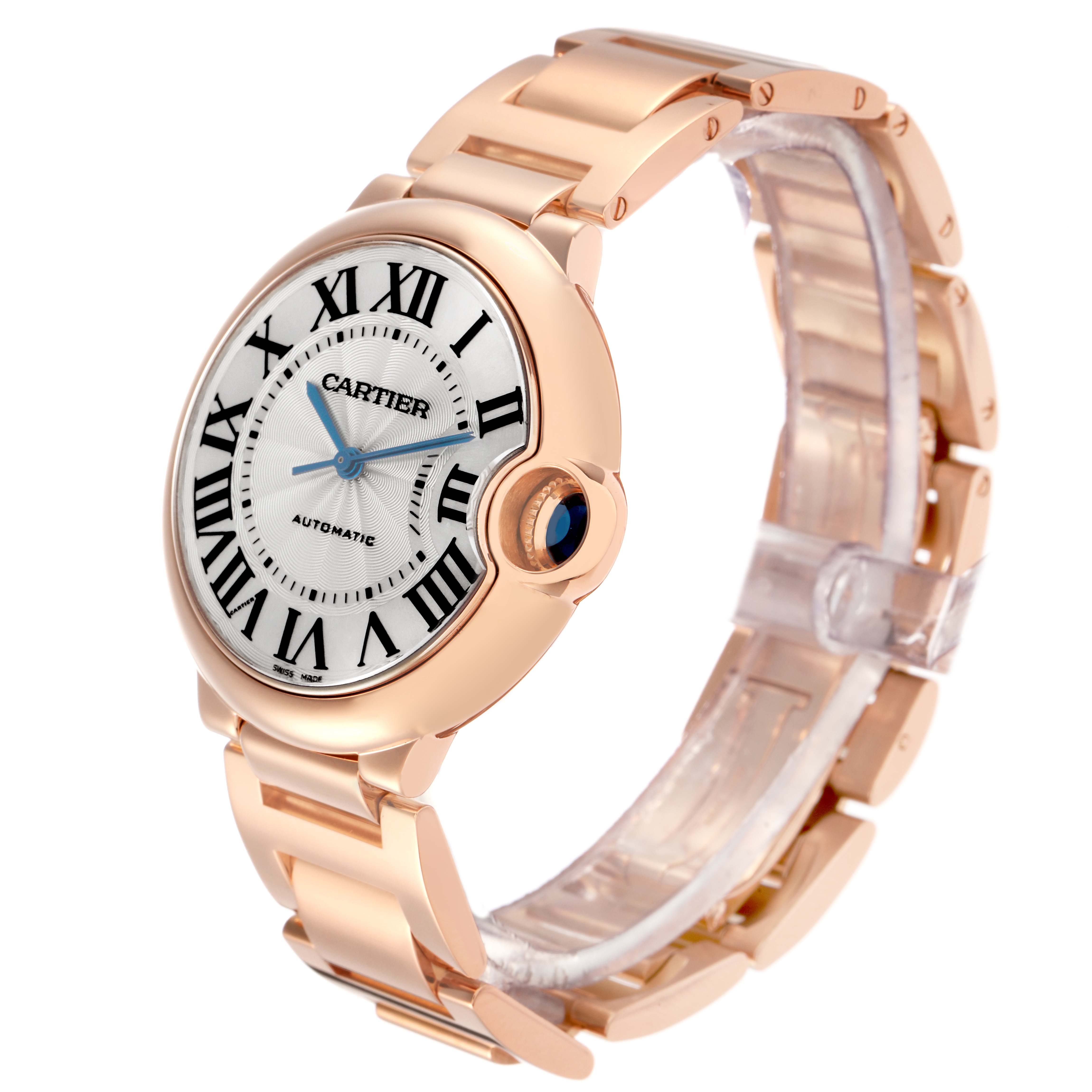 The Cartier Ballon Bleu model W69004Z2 men's watch is shown from a three-quarter angle, highlighting its face, Roman numerals, bracelet, and cabochon crown.