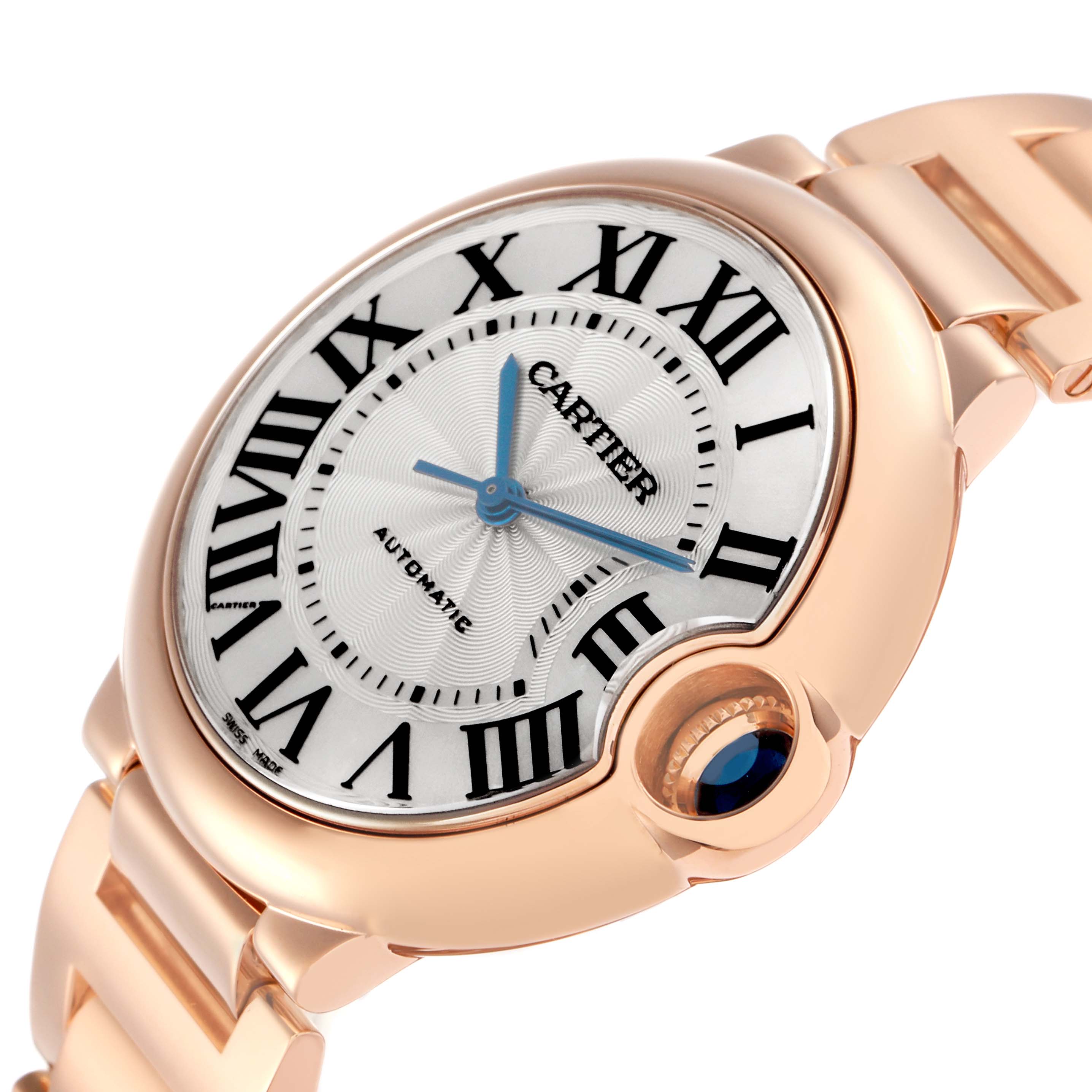 The Cartier Ballon Bleu, model number W69004Z2, is shown at an angled close-up highlighting its dial, with visible Roman numerals, blue hands, and crown.
