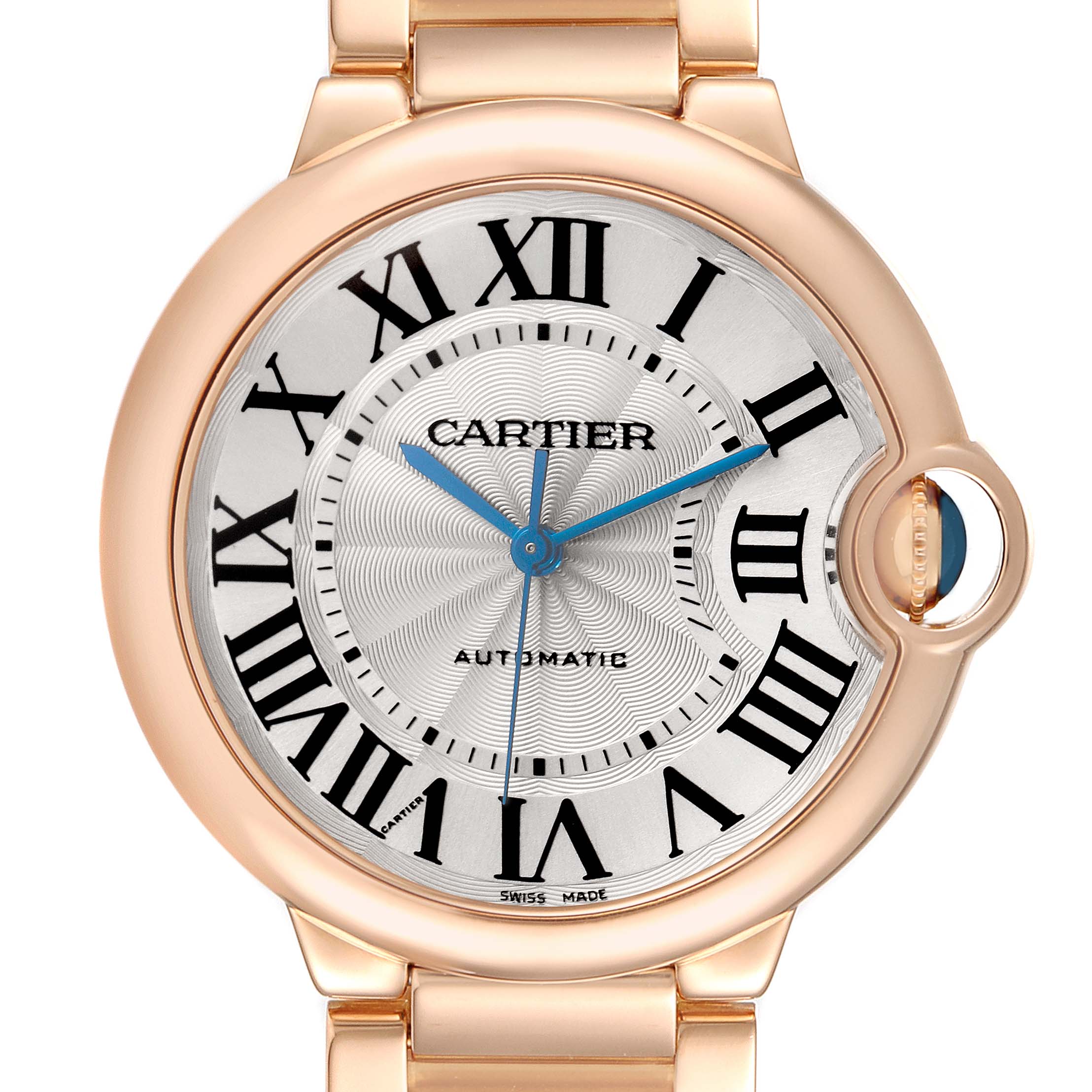 The Cartier Ballon Bleu watch, model number W69004Z2, is shown from a front angle displaying the face, Roman numeral markers, hands, and partial bracelet links.