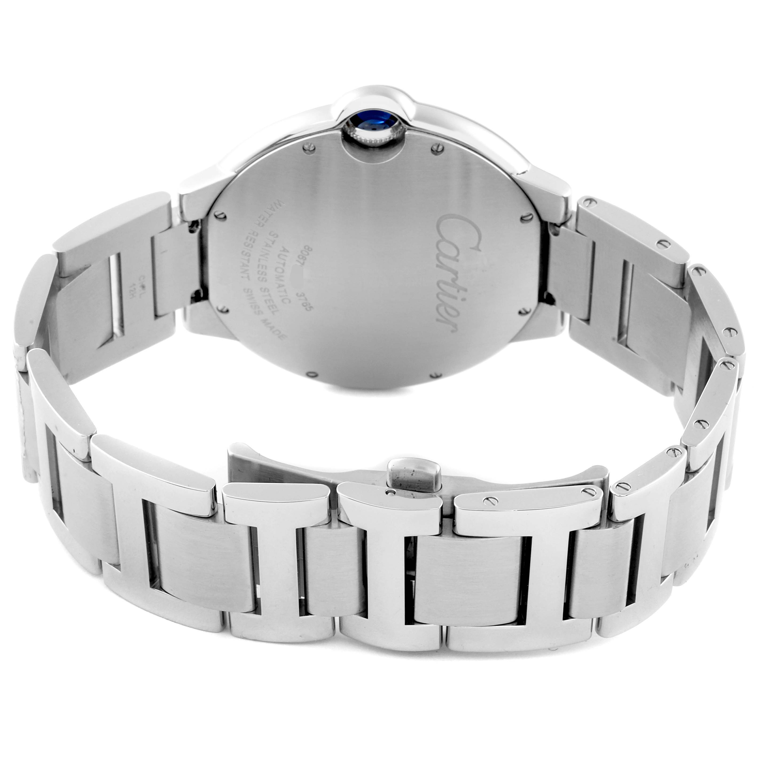 This image shows the back and bracelet of a Ballon Bleu model watch by Cartier.