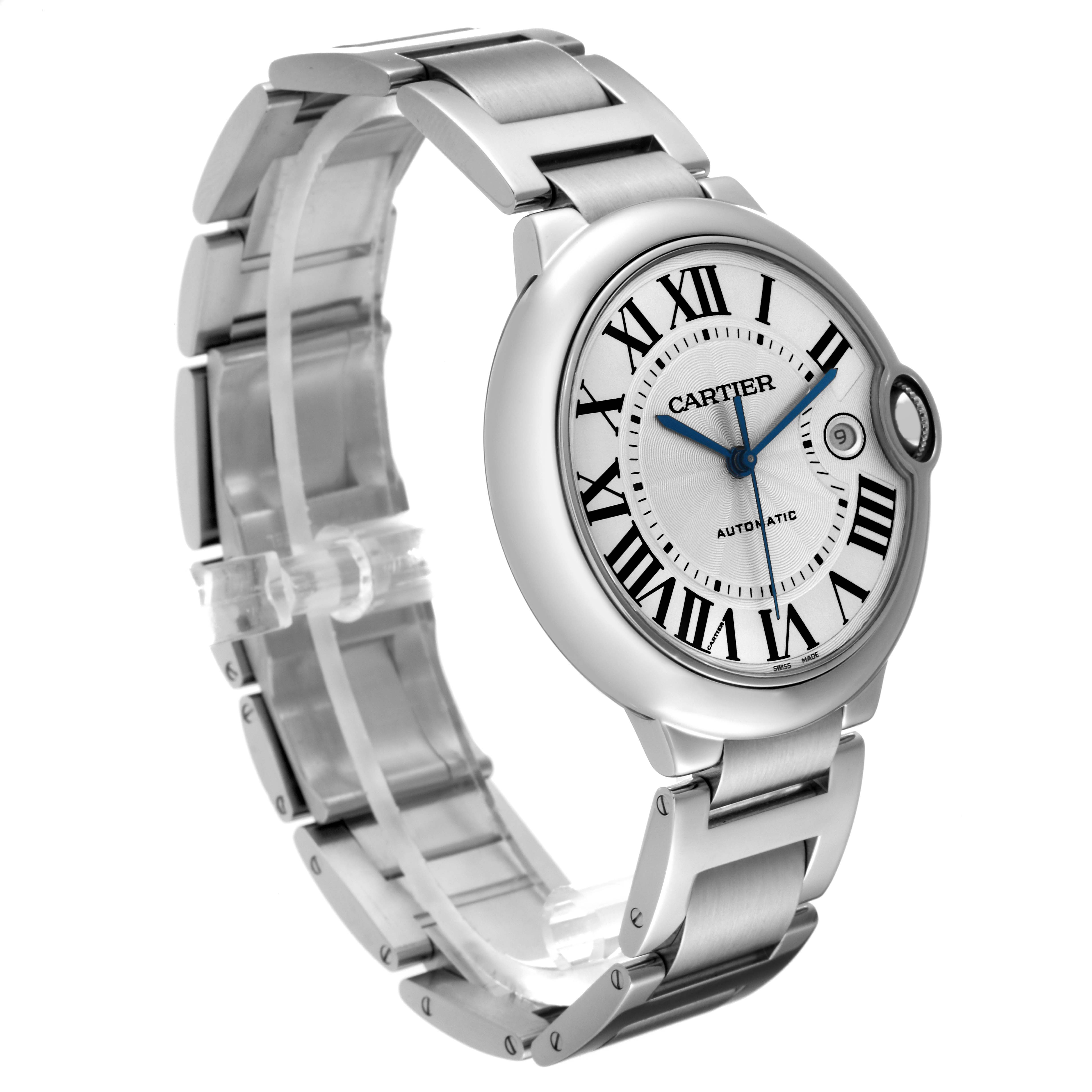 The image shows a side angle view of the Cartier Ballon Bleu W69012Z4 Men
s Stainless Steel Silver Dial W69012Z4 Men
s Stainless Steel Silver Dial watch focusing on the face and bracelet.