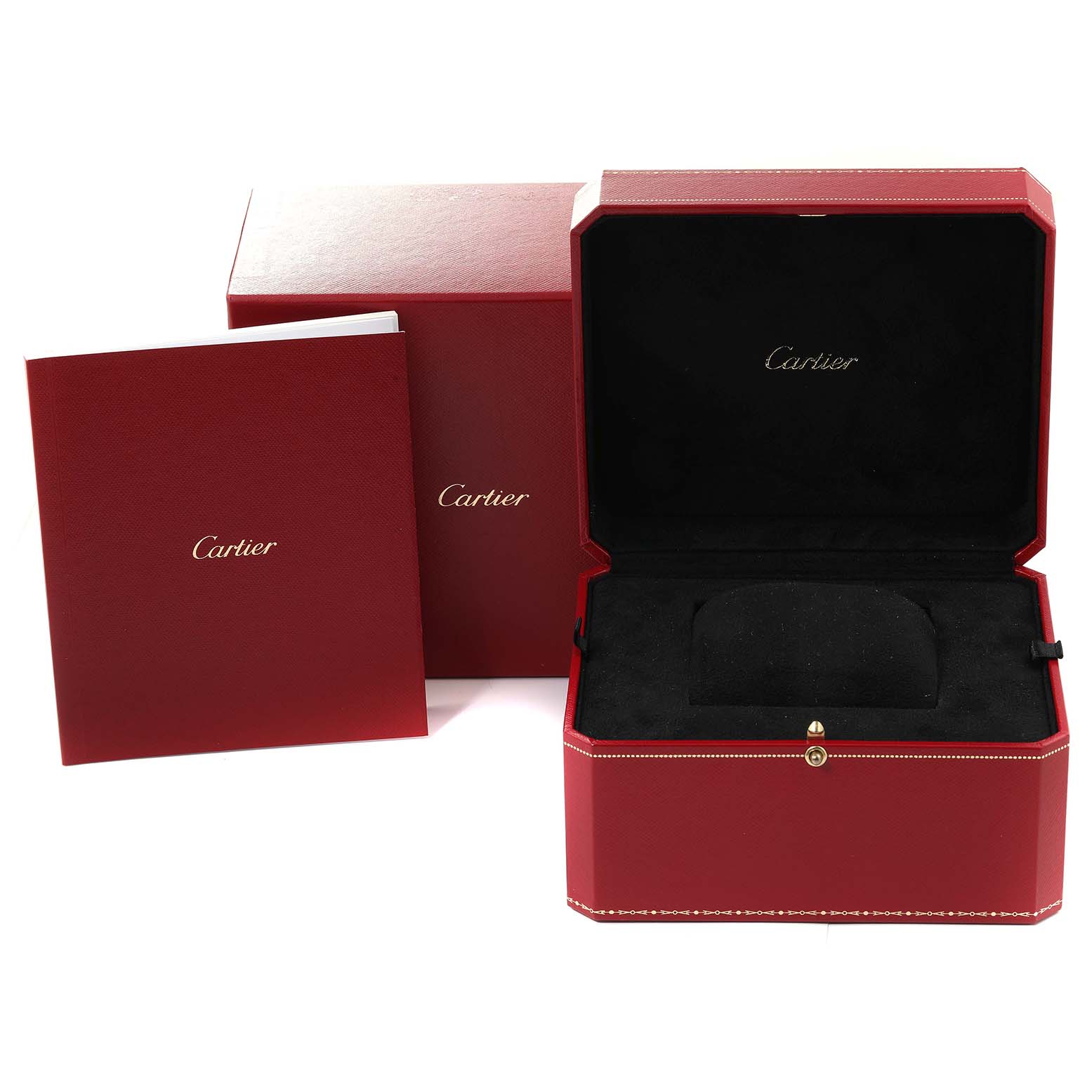 The image shows the red box packaging and documentation for a Cartier Ballon Bleu W69012Z4 Men
s Stainless Steel Silver Dial W69012Z4 Men
s Stainless Steel Silver Dial watch.