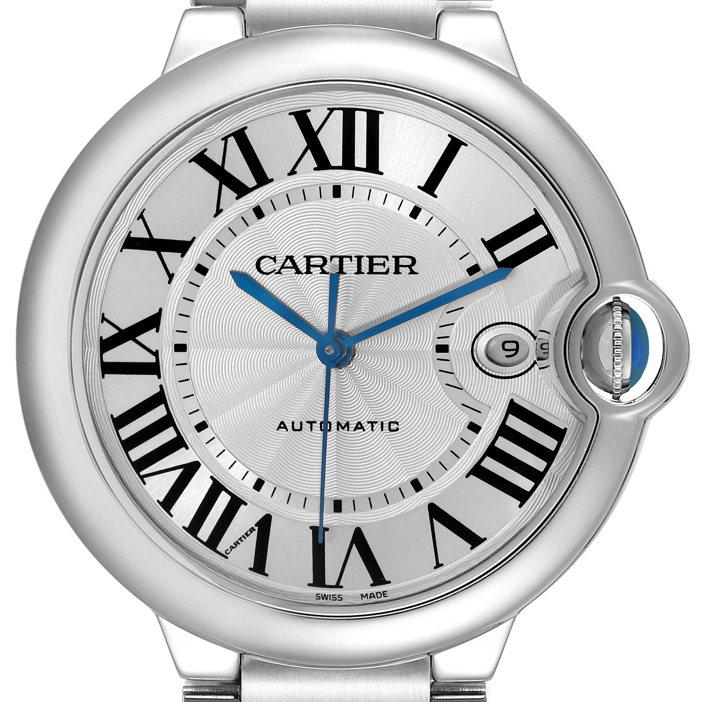 The image shows a close-up of the face of a Ballon Bleu model by Cartier, highlighting the Roman numerals, blue hands, and date window.