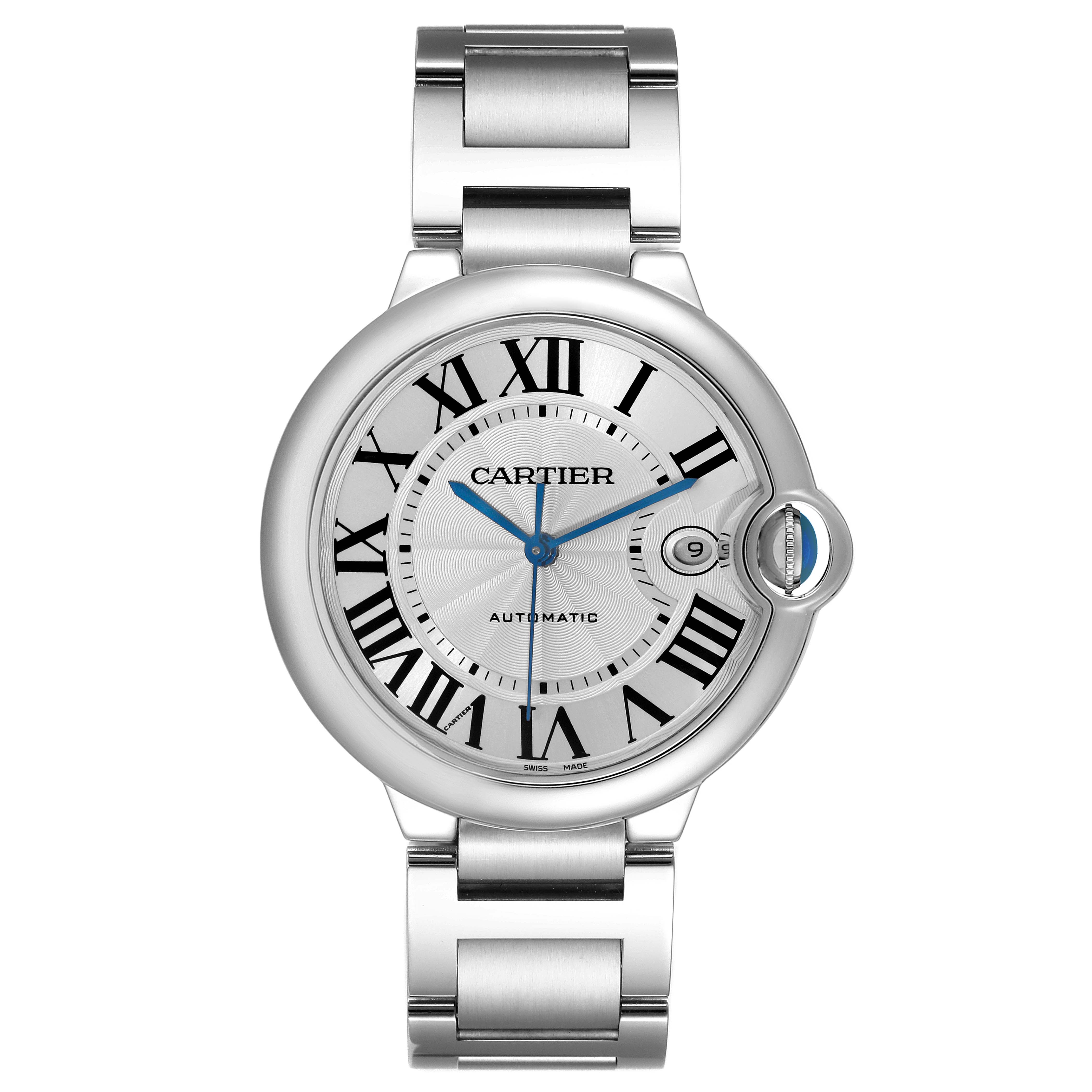 The image shows a front view of the Ballon Bleu de Cartier watch, displaying its face, Roman numerals, and metal bracelet.