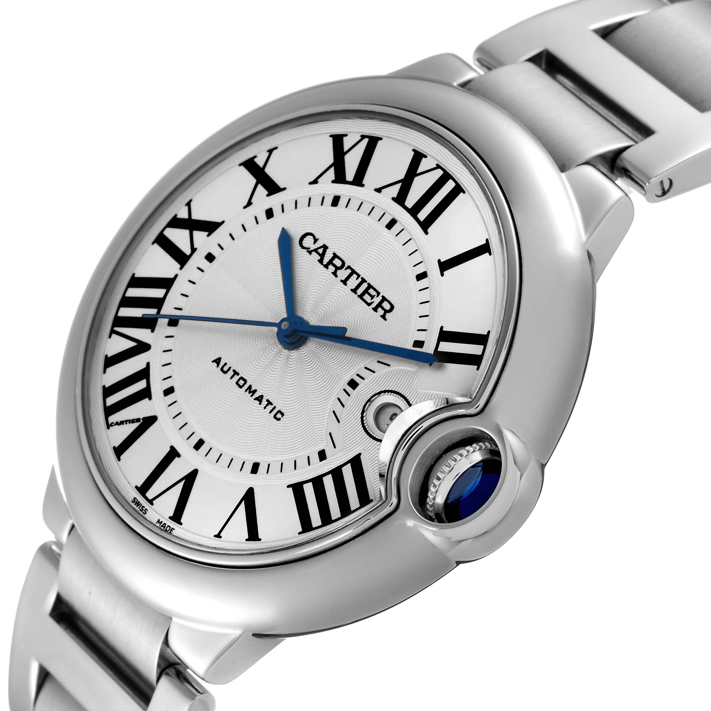The image shows a close-up angle of the Ballon Bleu de Cartier watch, highlighting its dial, Roman numerals, and crown.