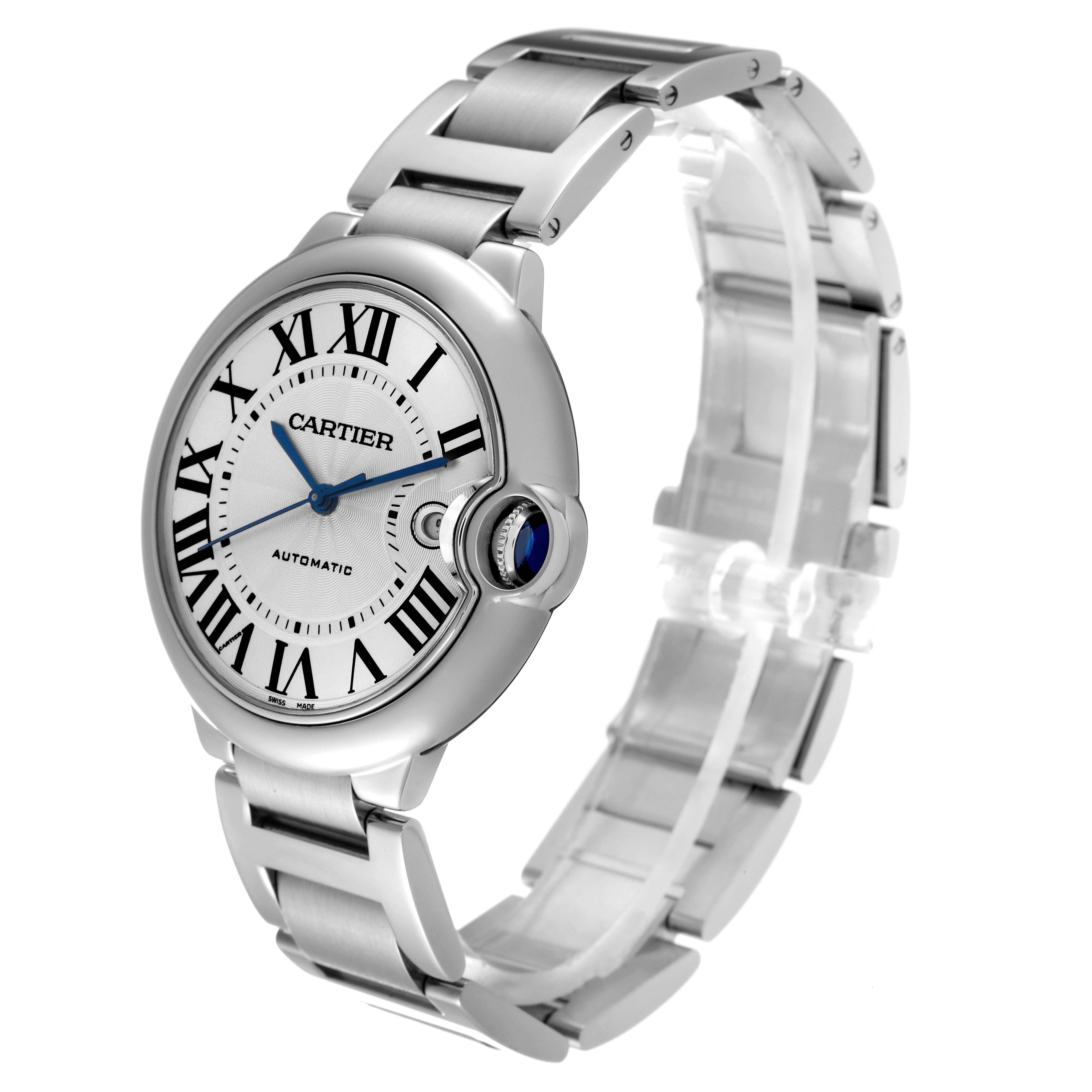 This is a Cartier Ballon Bleu W69012Z4 Men
s Stainless Steel Silver Dial W69012Z4 Men
s Stainless Steel Silver Dial watch, shown at a three-quarter angle highlighting the face, bezel, and part of the metal bracelet.