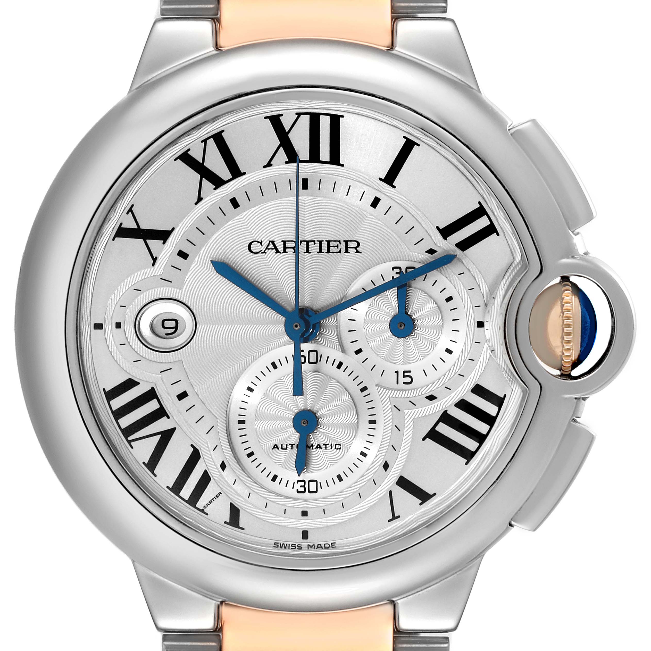 The image shows a close-up, front view of a Ballon Bleu model by Cartier, highlighting its face, Roman numerals, and blue hands.