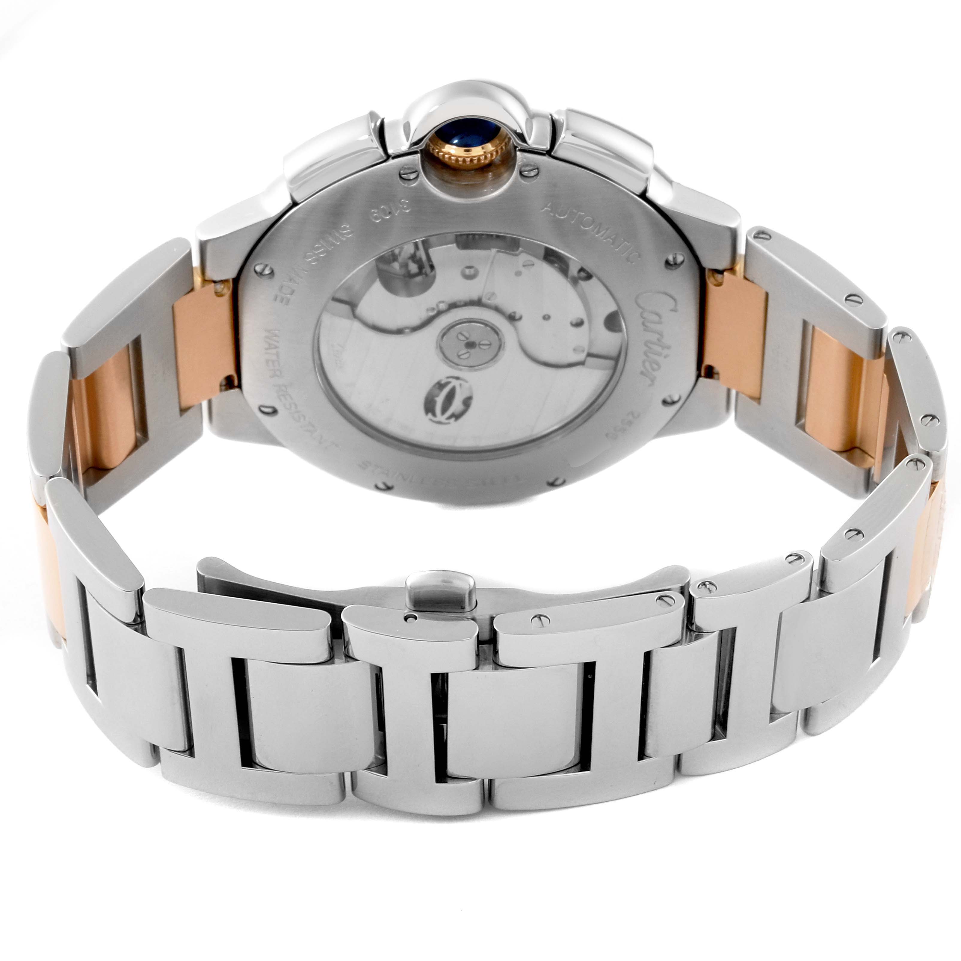 This image shows the back view of a Cartier Ballon Bleu W6920063 Men's Steel and Gold (two tone) Silver Dial W6920063 Men's Steel and Gold (two tone) Silver Dial watch, highlighting the case back, crown, and bracelet.