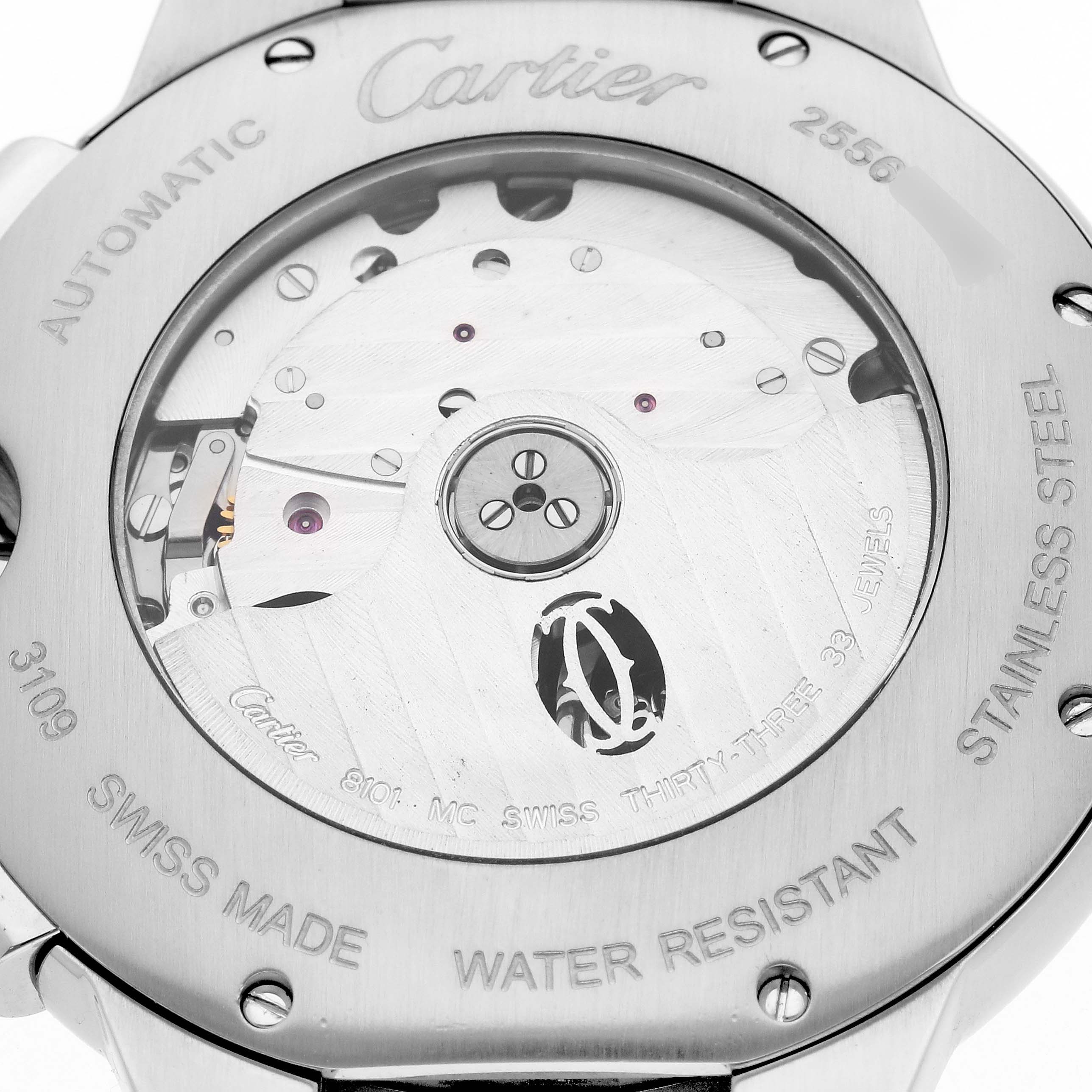 This image shows the back of a Cartier Ballon Bleu W6920063 Men's Steel and Gold (two tone) Silver Dial W6920063 Men's Steel and Gold (two tone) Silver Dial watch, highlighting its automatic movement and engravings.