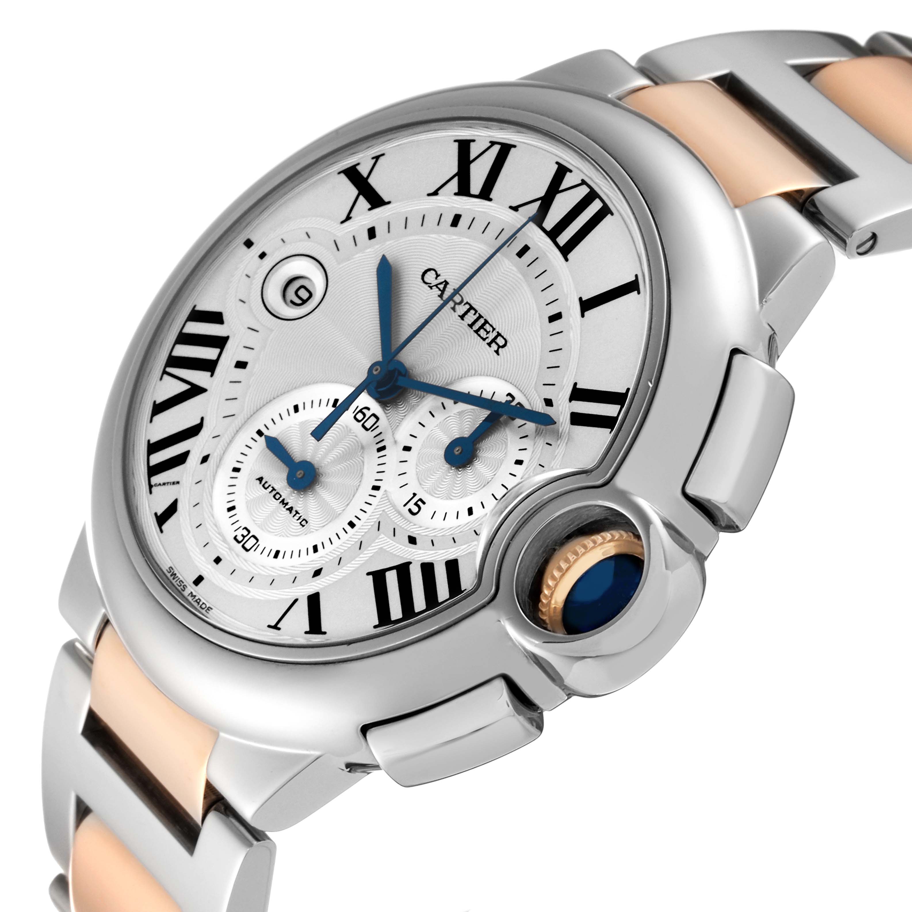 The image shows a close-up angle of the Cartier Ballon Bleu W6920063 Men's Steel and Gold (two tone) Silver Dial W6920063 Men's Steel and Gold (two tone) Silver Dial watch face and part of the metal bracelet.