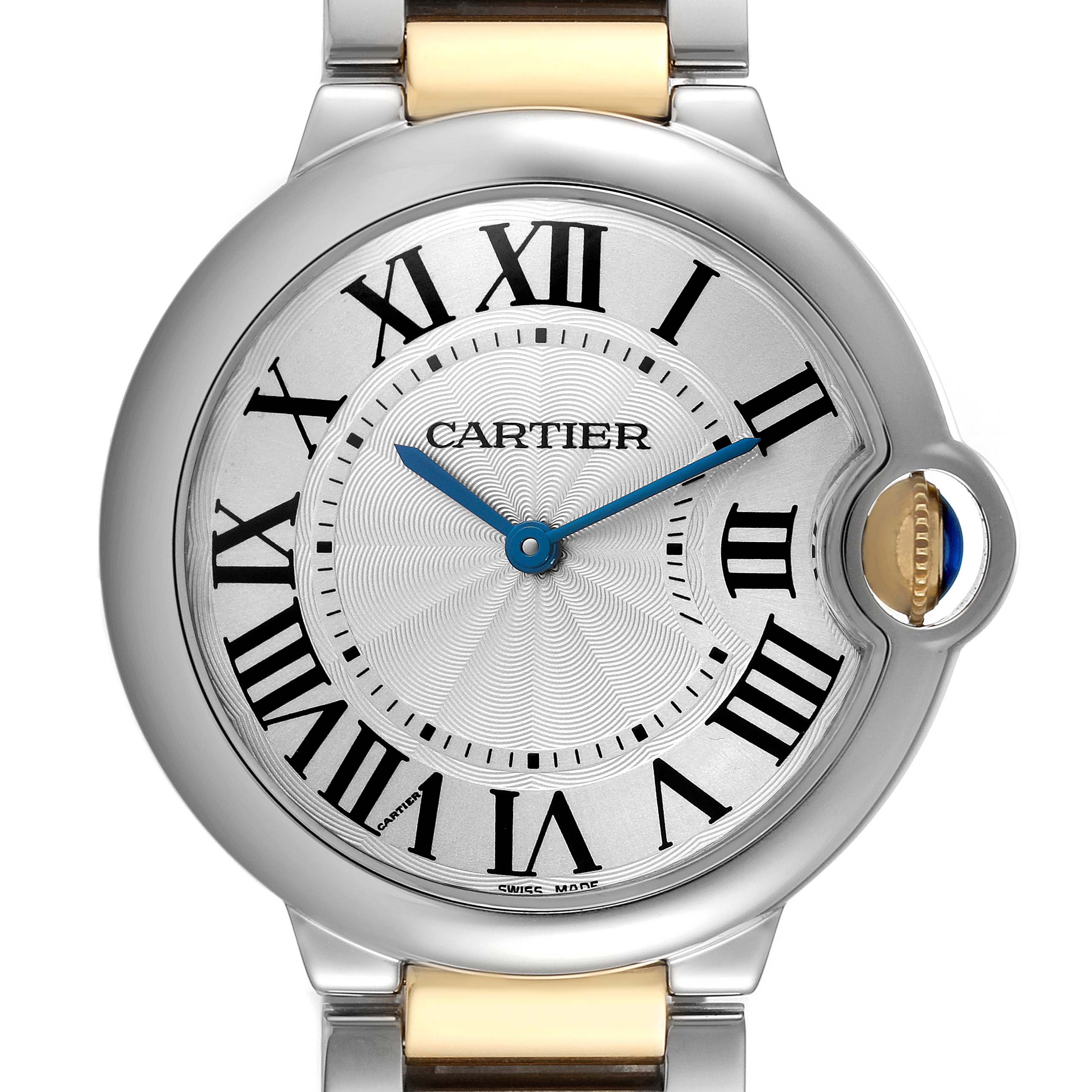 The image shows a close-up frontal view of the Cartier Ballon Bleu model W69008Z3 men
s watch, highlighting the dial, Roman numerals, and blue hands.