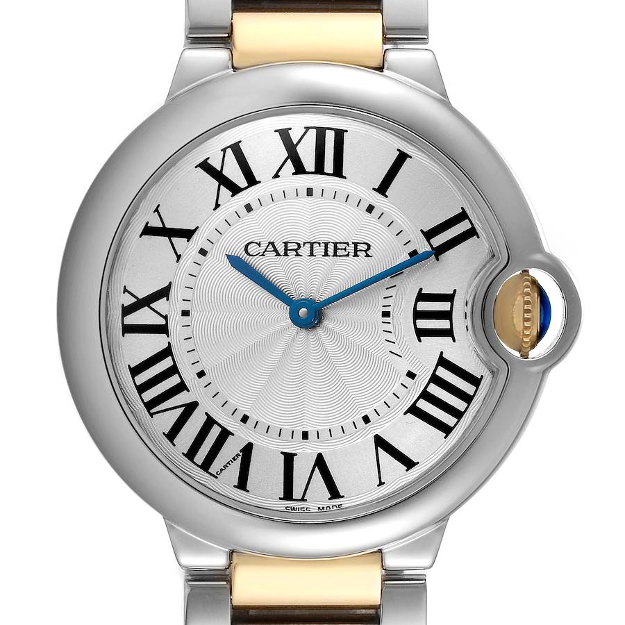 The image shows a close-up frontal view of the Cartier Ballon Bleu model W69008Z3 men's watch, highlighting the dial, Roman numerals, and blue hands.