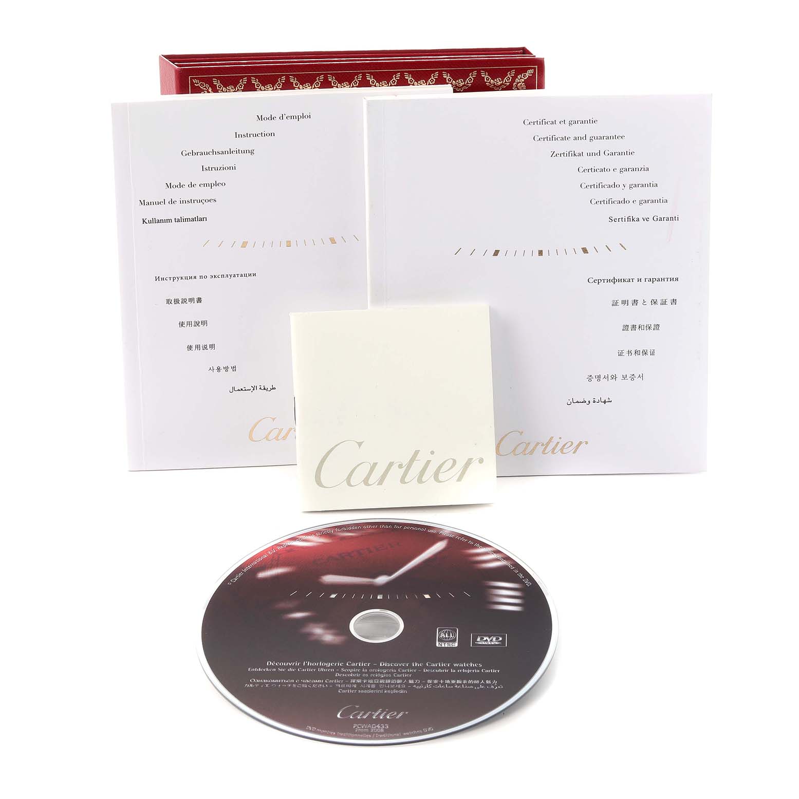 The image shows the Cartier Ballon Bleu model W69008Z3 accessories, including manuals, a certificate of Best Quality
ity, a DVD, and a red box.