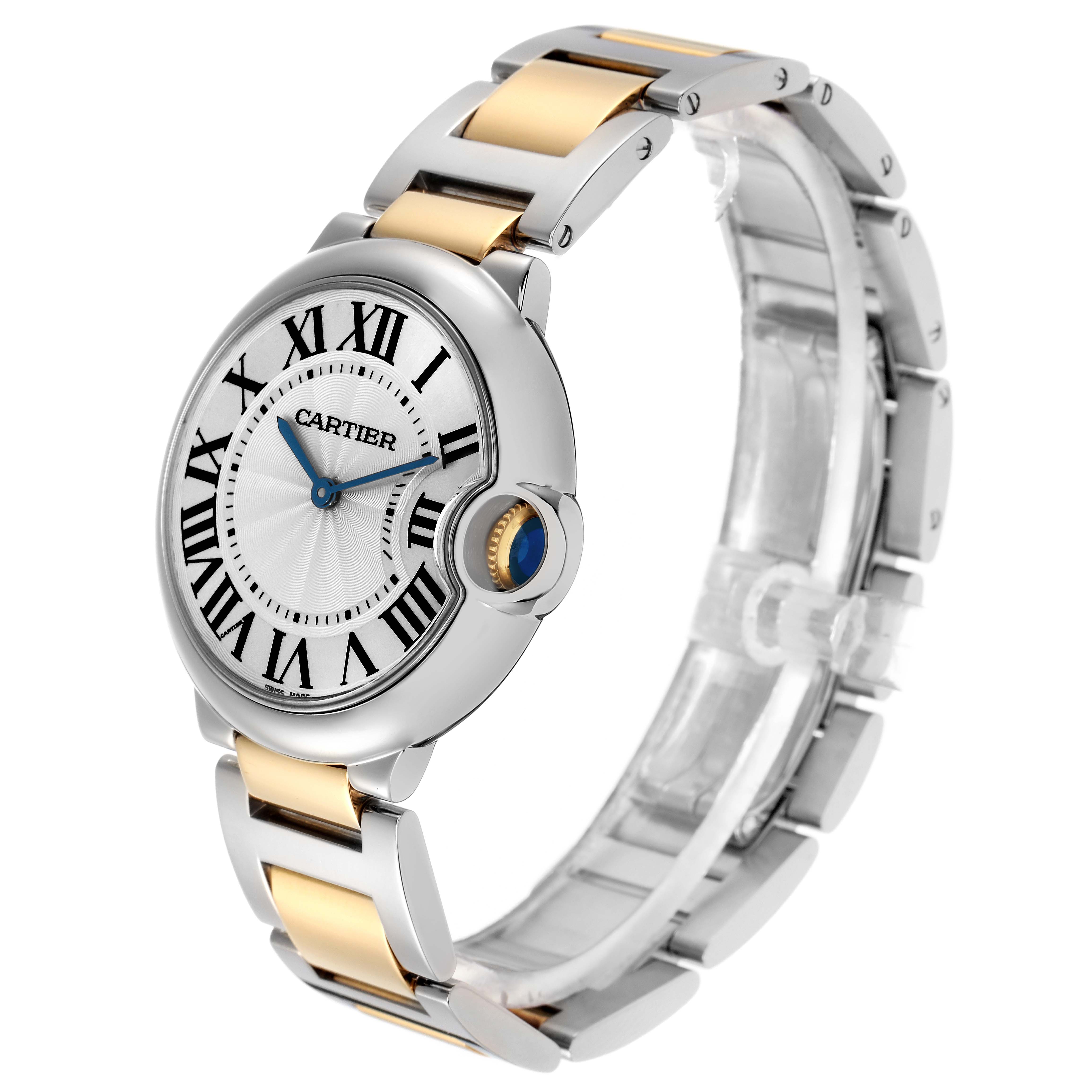 The Cartier Ballon Bleu model W69008Z3 men
s watch is shown at an angled view, highlighting its round face, Roman numerals, and two-tone bracelet.
