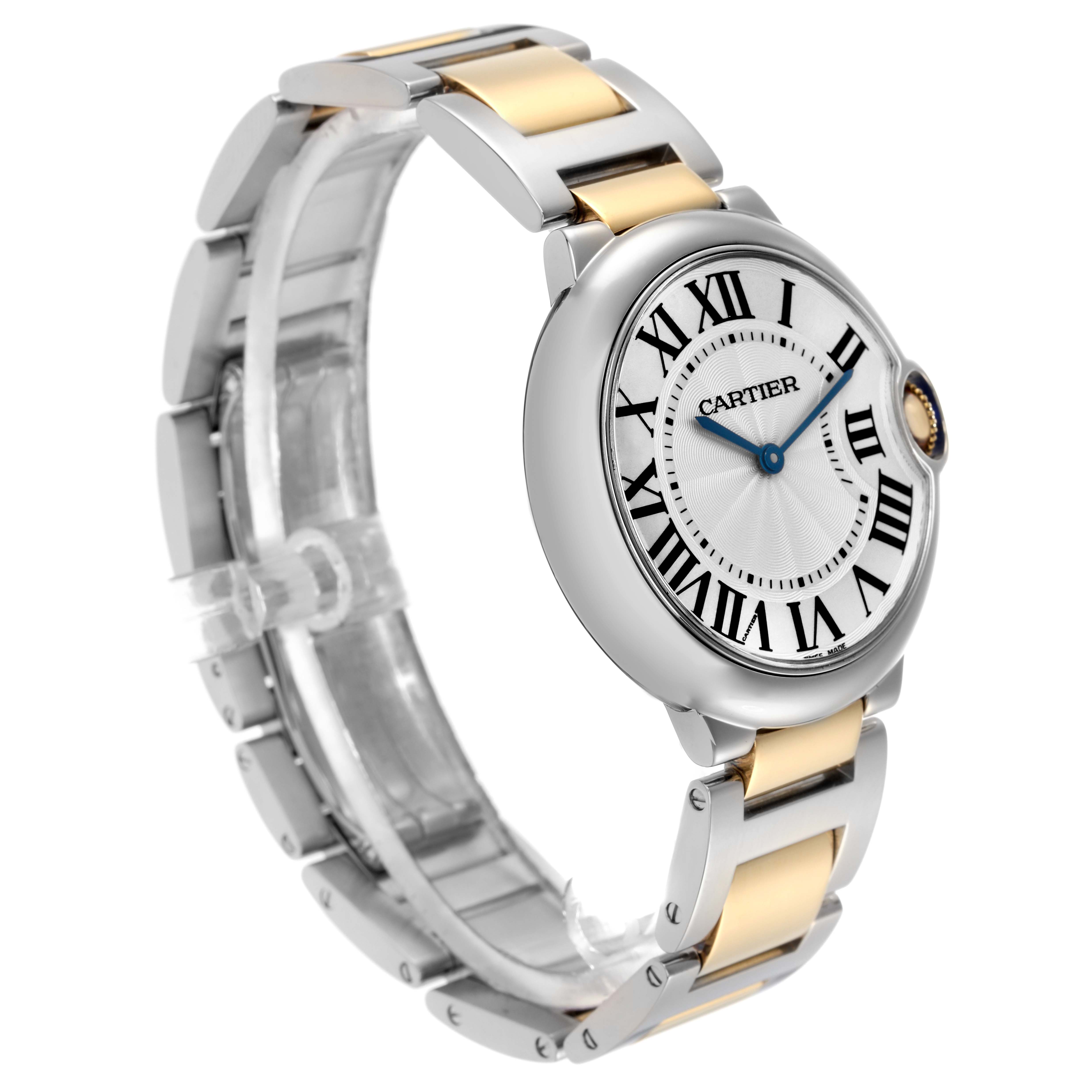 The Cartier Ballon Bleu W69008Z3 men
s watch is shown at a three-quarter angle, highlighting its two-tone bracelet, round case, and Roman numeral dial.