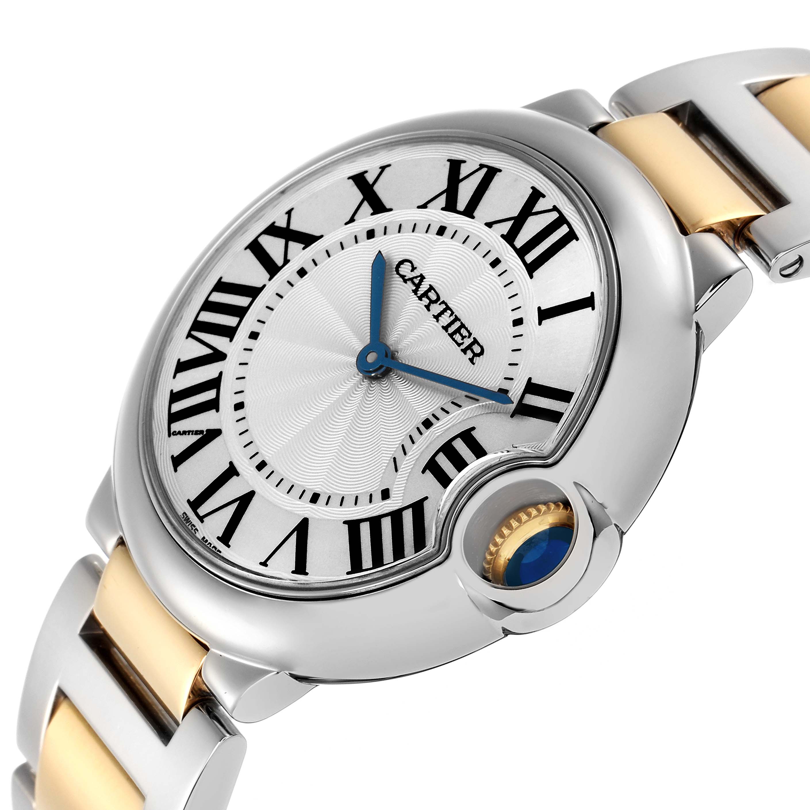 The image shows a close-up of the Cartier Ballon Bleu men
s watch model W69008Z3, highlighting its dial, crown, and part of the bracelet at an angled view.