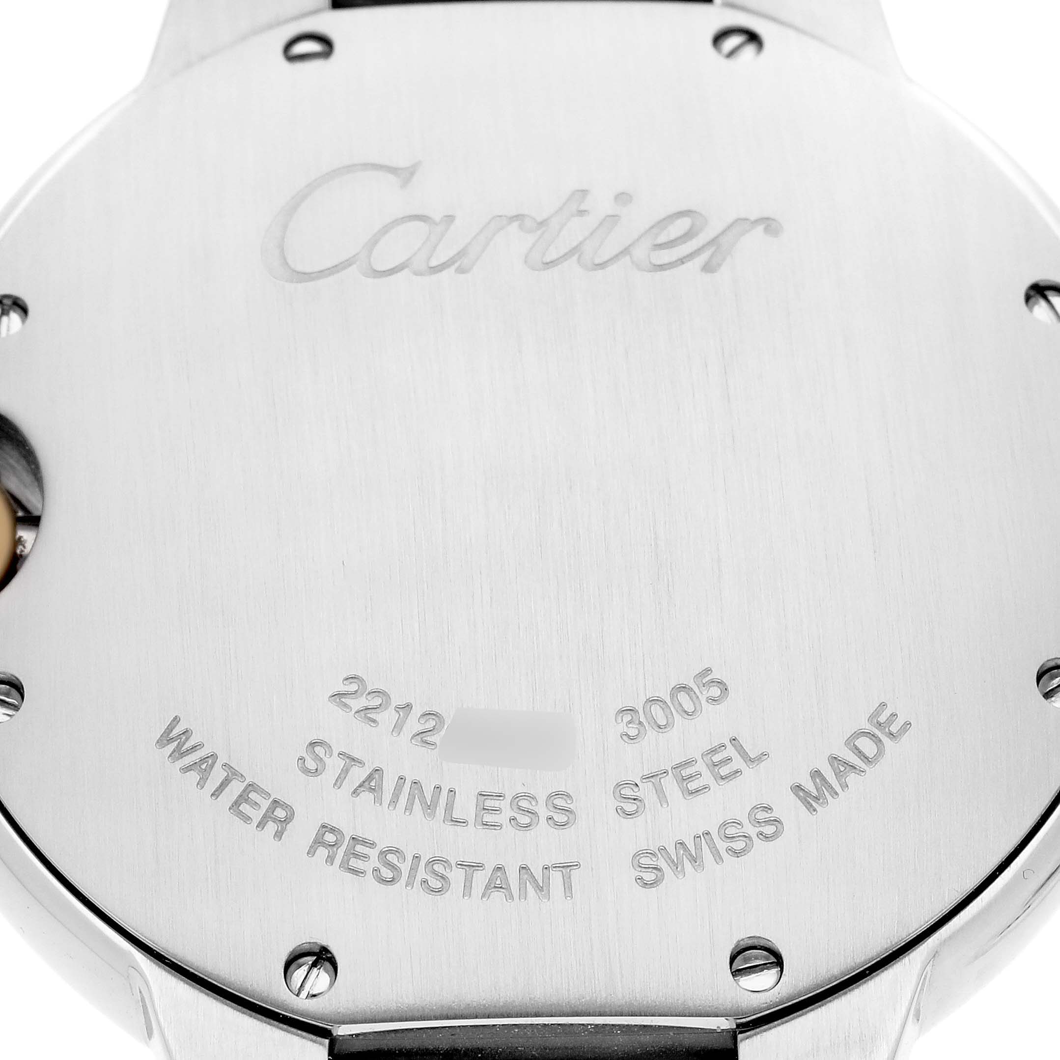 The image shows the back of a Cartier Ballon Bleu model W69008Z3 men
s watch, highlighting its stainless steel material and water resistance.