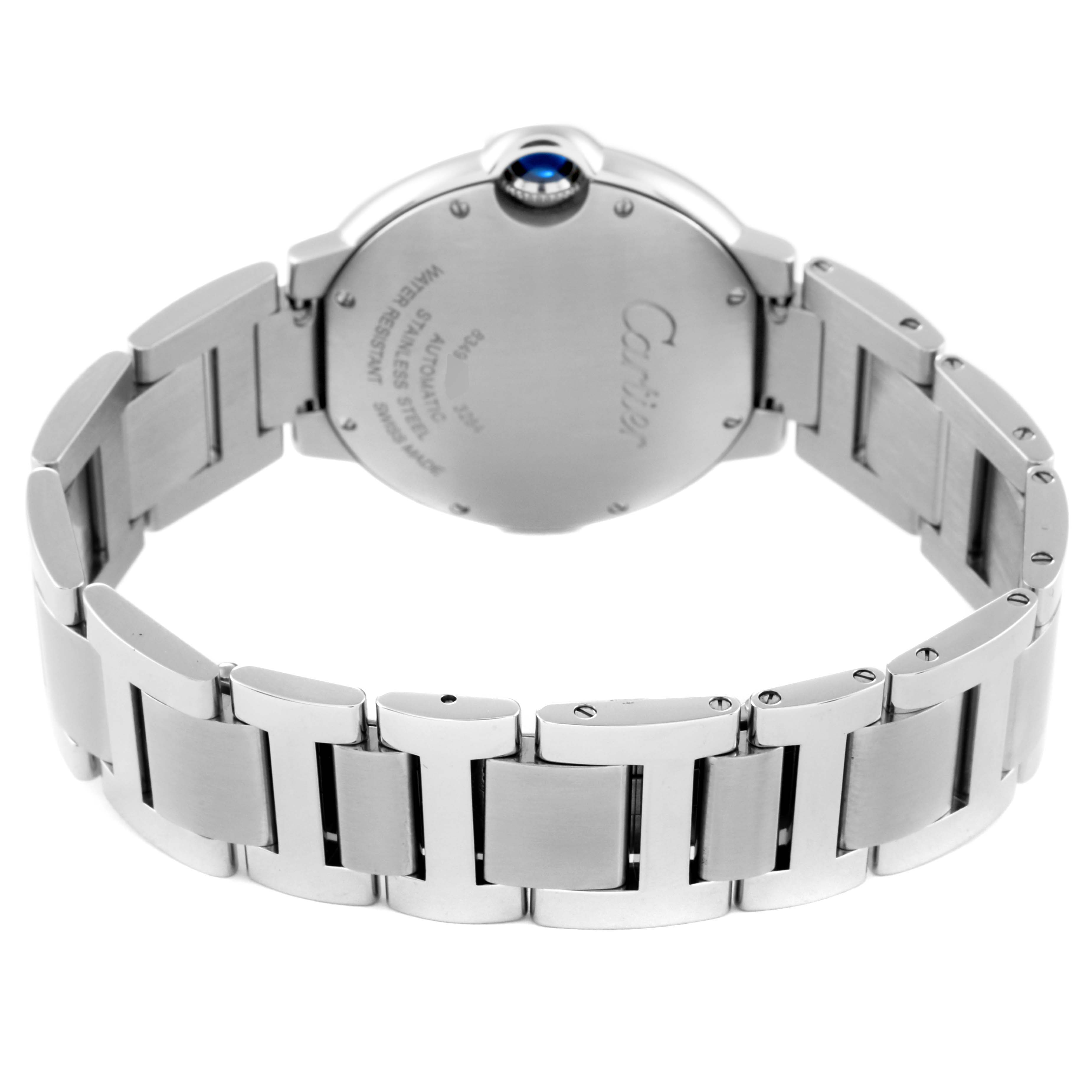 The image shows the back view of a Cartier Ballon Bleu W6920046 Women
s Stainless Steel Silver Dial W6920046 Women
s Stainless Steel Silver Dial watch, highlighting its stainless steel bracelet and case back.