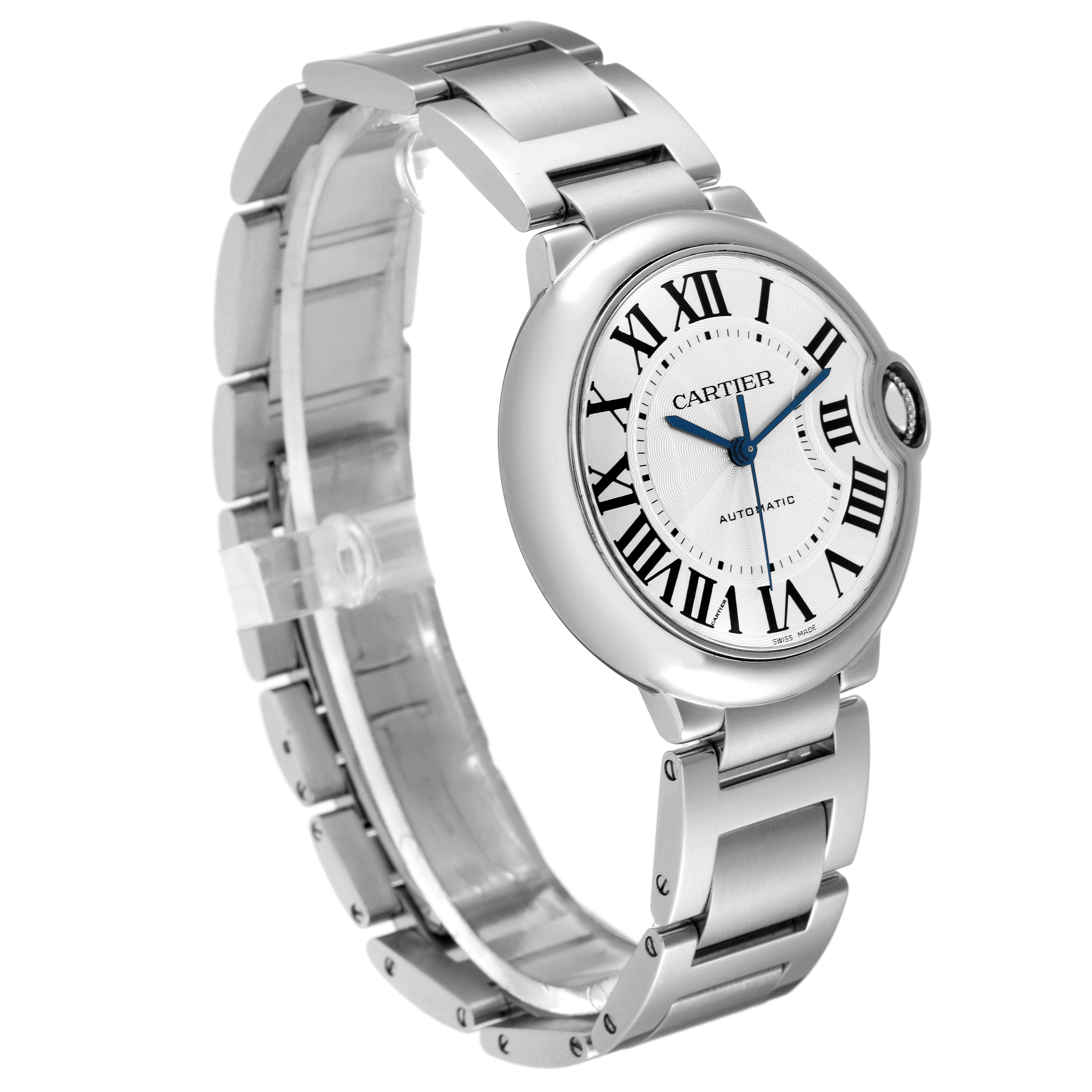 The image shows a side angle view of the face and bracelet of a Ballon Bleu watch by Cartier.