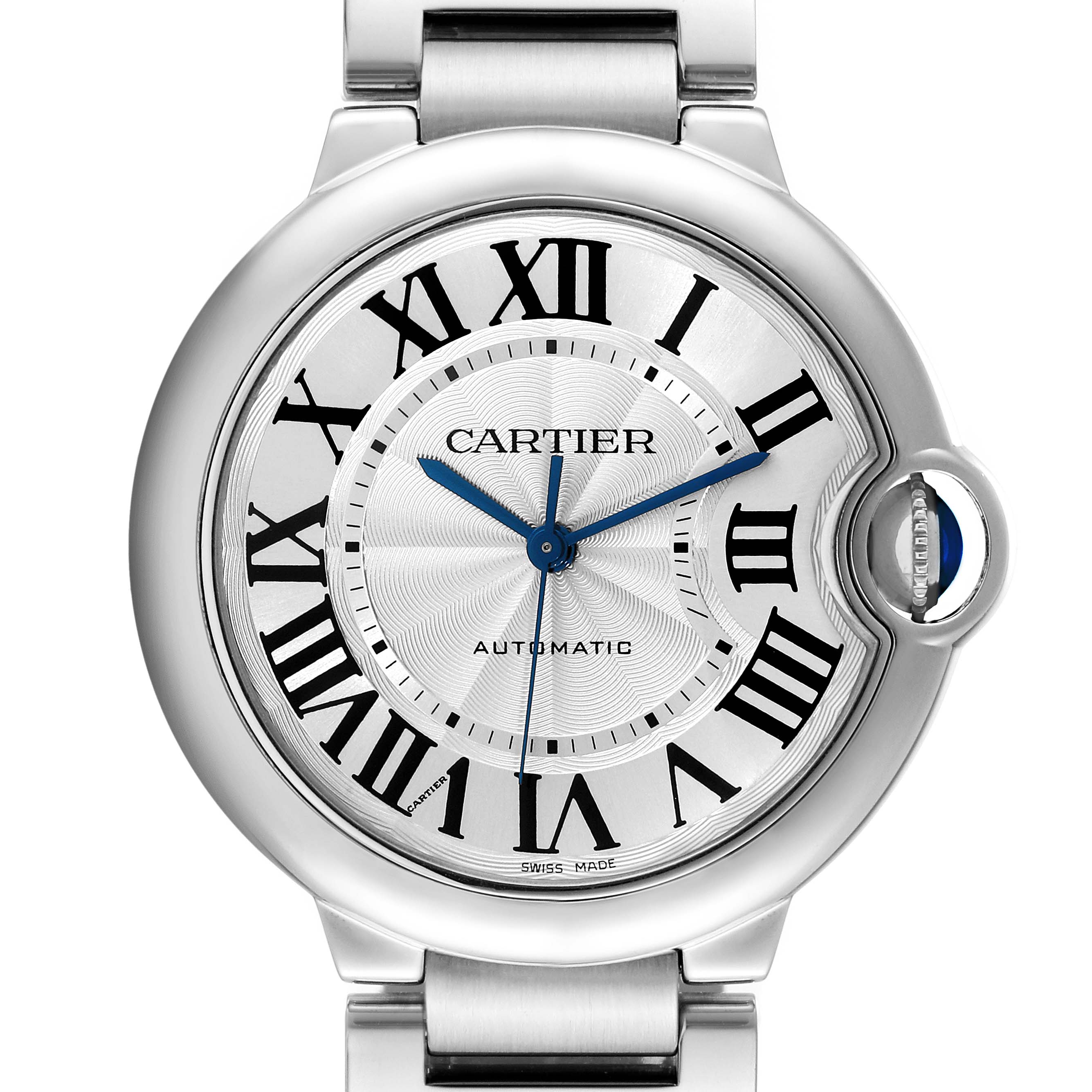 The image shows a front view of the Cartier Ballon Bleu W6920046 Women
s Stainless Steel Silver Dial W6920046 Women
s Stainless Steel Silver Dial watch, highlighting the dial, Roman numerals, and the crown with a blue cabochon.