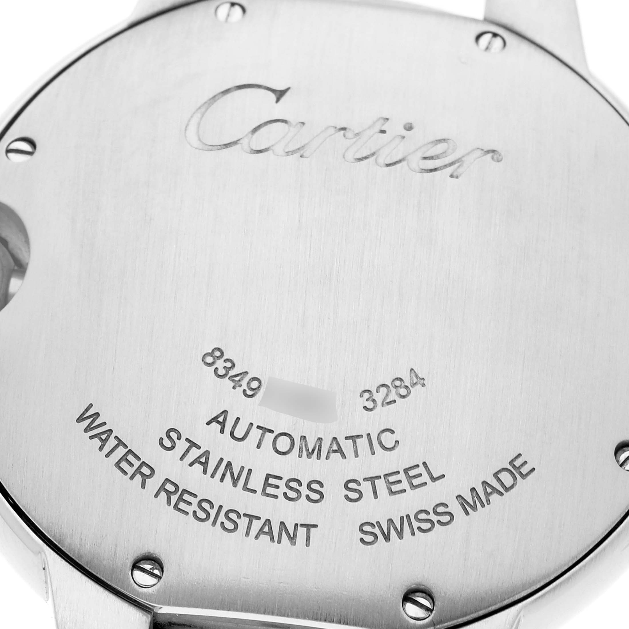 This image shows the back case of a Cartier Ballon Bleu W6920046 Women
s Stainless Steel Silver Dial W6920046 Women
s Stainless Steel Silver Dial watch, highlighting the brand name and specifications.