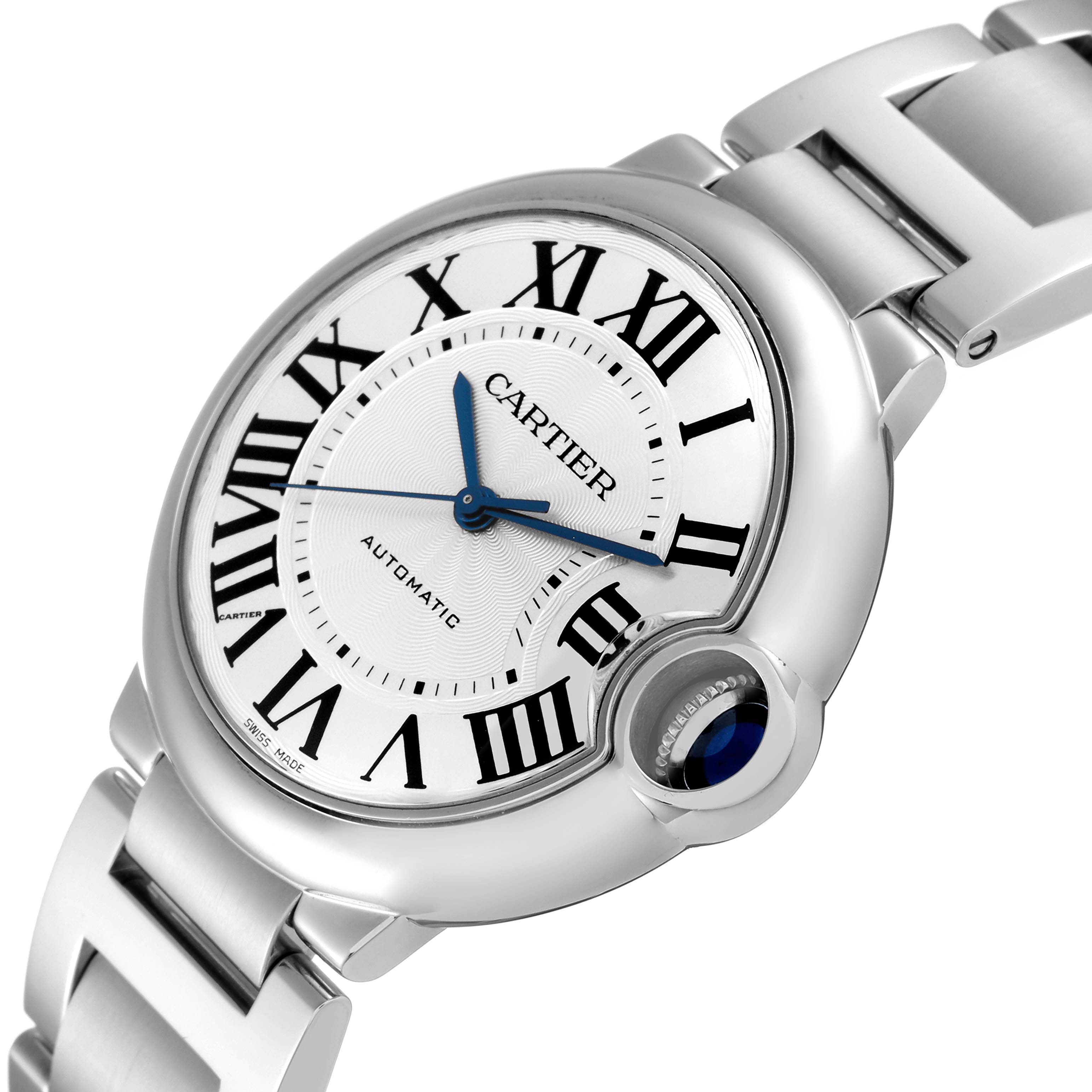 The image shows a Cartier Ballon Bleu W6920046 Women
s Stainless Steel Silver Dial W6920046 Women
s Stainless Steel Silver Dial watch at a slightly tilted angle, highlighting the face, bracelet, and distinctive crown.