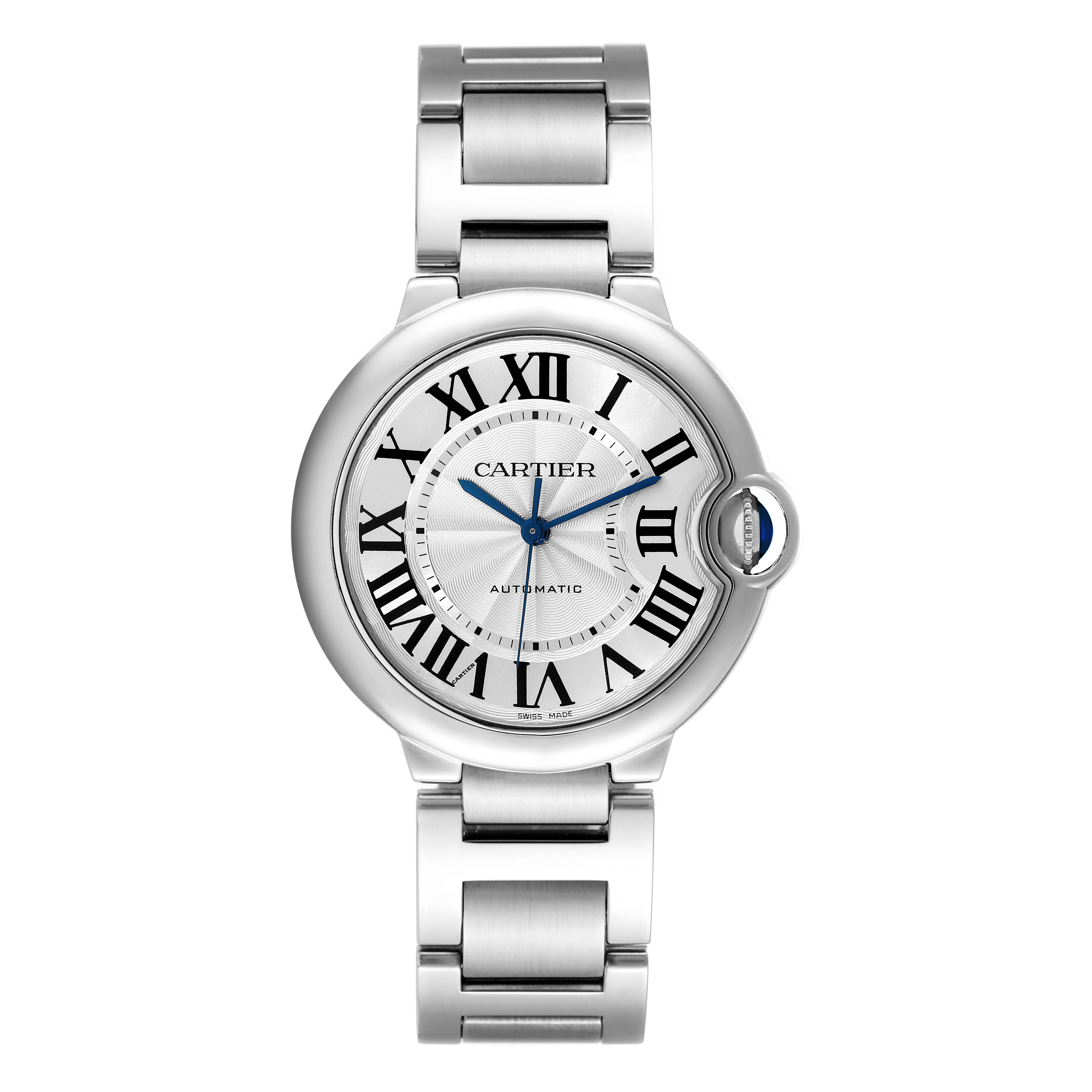 The image shows a front view of the Cartier Ballon Bleu W6920046 Women
s Stainless Steel Silver Dial W6920046 Women
s Stainless Steel Silver Dial watch, highlighting the dial, bracelet, and Roman numerals indices.
