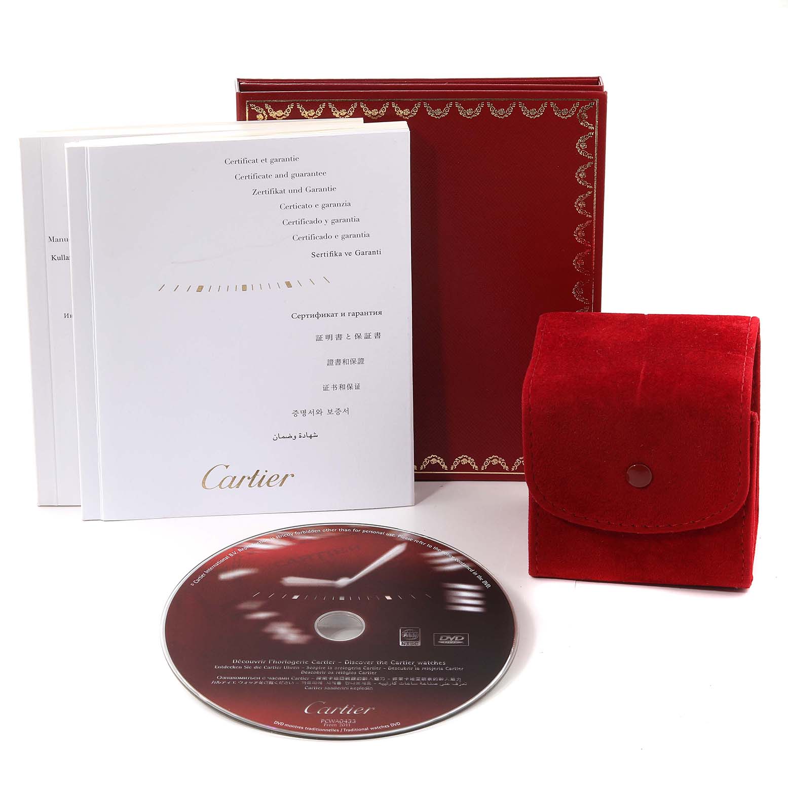 The image shows Cartier Ballon Bleu W6920046 Women
s Stainless Steel Silver Dial W6920046 Women
s Stainless Steel Silver Dial watch accessories, including a red case, warranty booklet, manual, and a DVD.