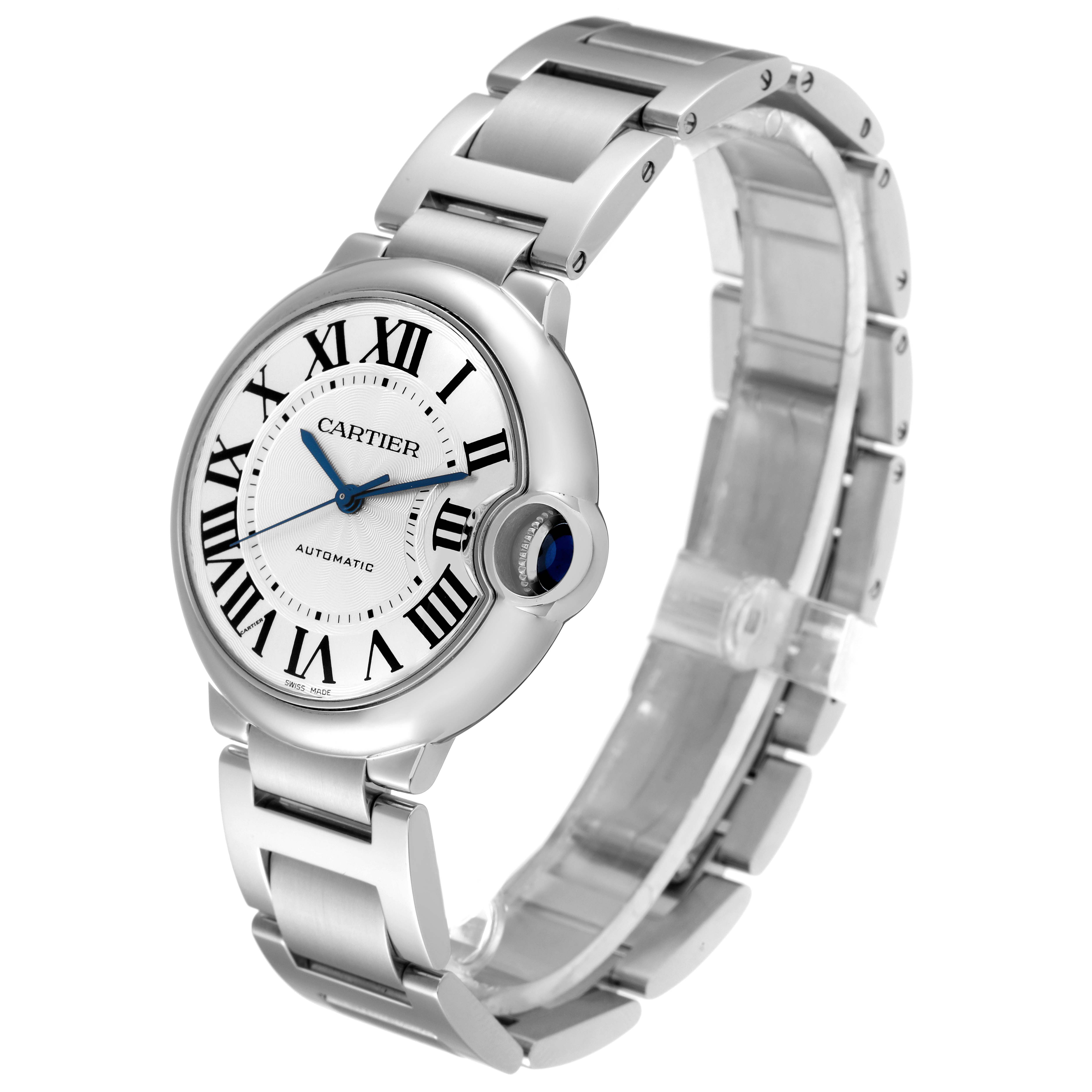 The Cartier Ballon Bleu W6920046 Women
s Stainless Steel Silver Dial W6920046 Women
s Stainless Steel Silver Dial watch is shown from a three-quarter angle, highlighting the face, crown, and metal bracelet.