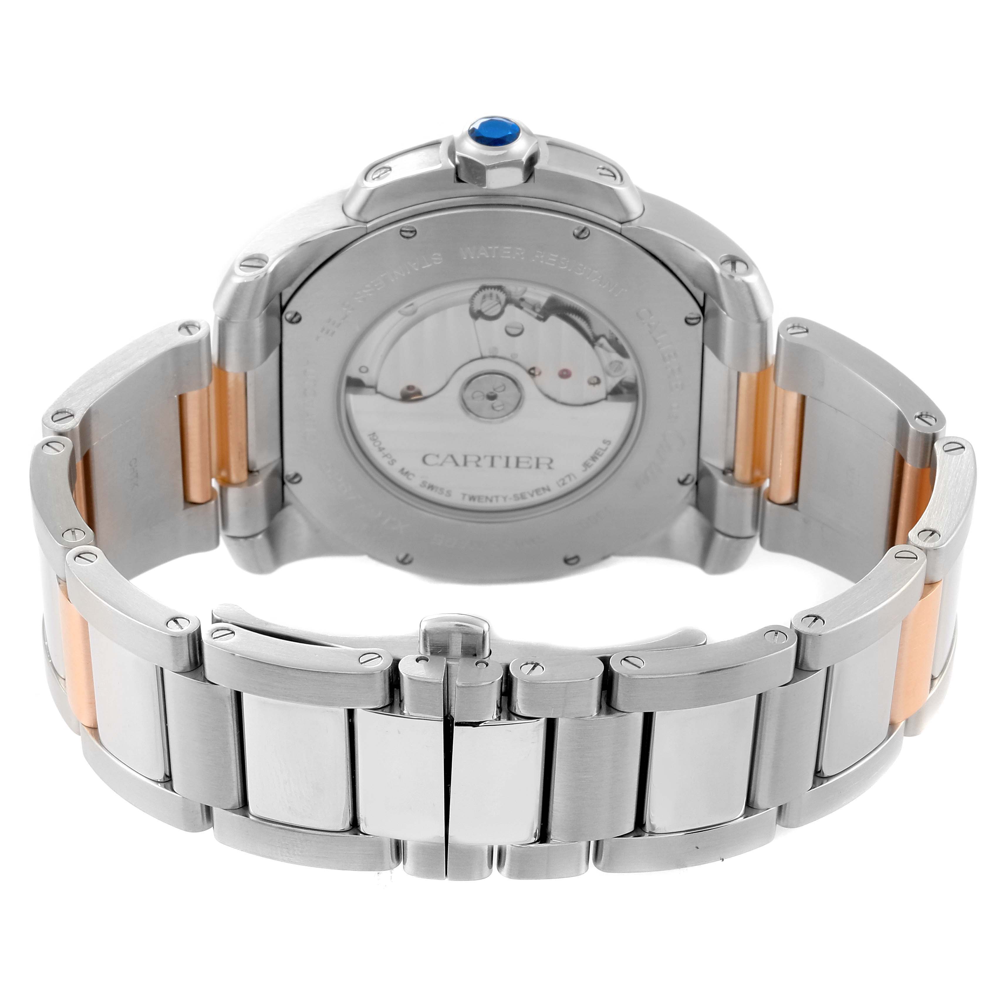 The image shows the back view of the Calibre de Cartier watch by Cartier, highlighting its bracelet and the movement.