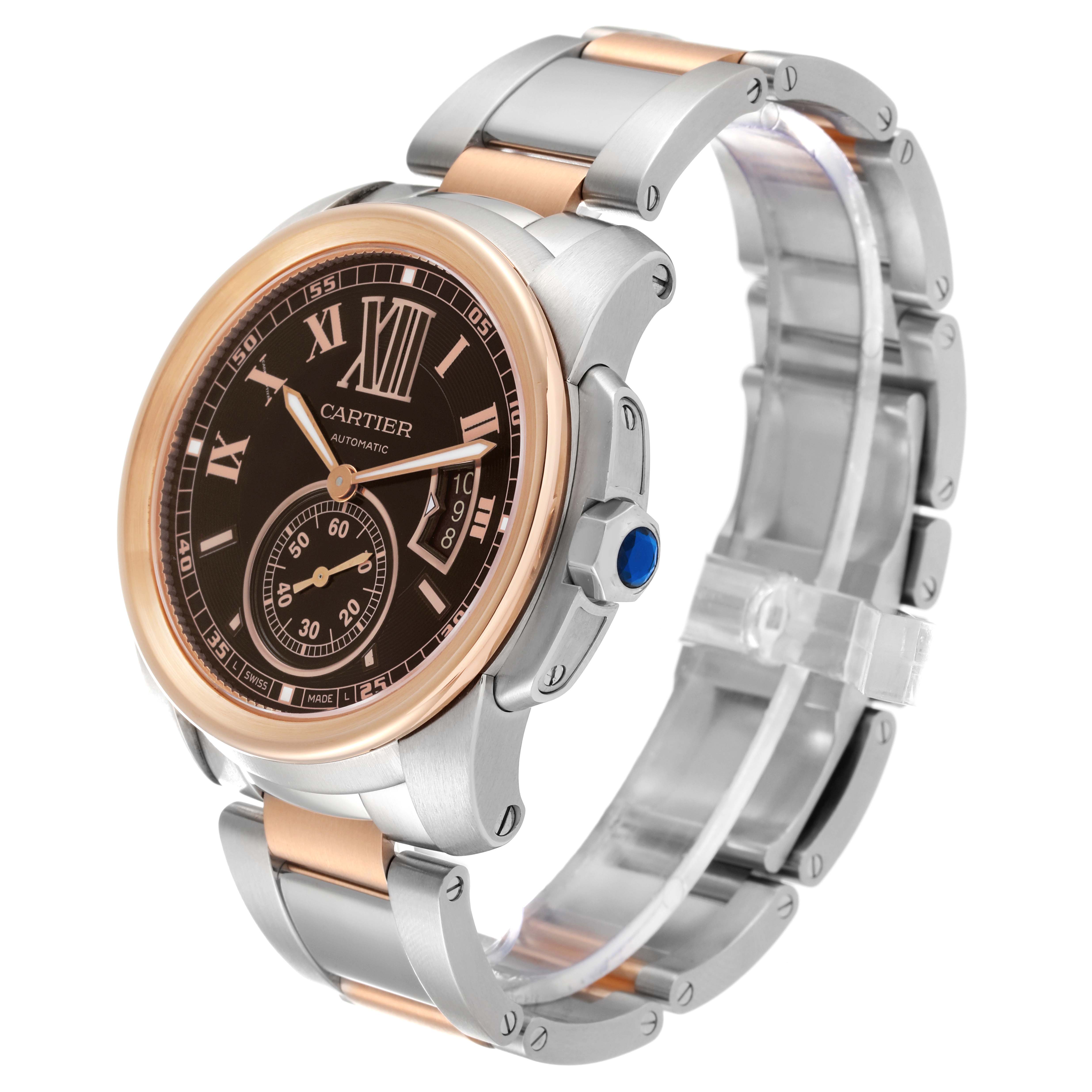 The image shows a side-angle view of the Calibre de Cartier watch by Cartier, highlighting its face, crown, and two-tone bracelet.