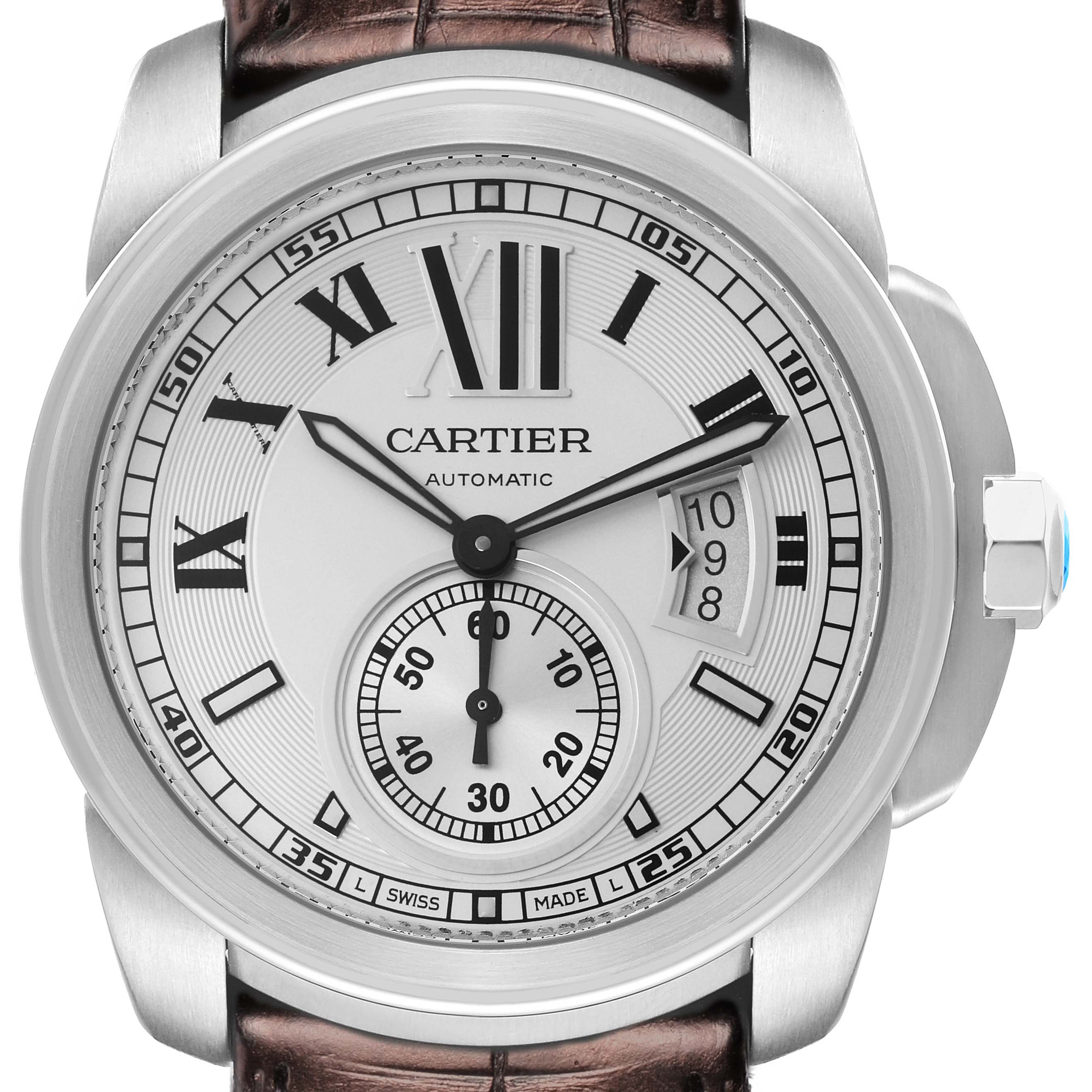 The image shows a front view of the Calibre de Cartier Men’s watch, model W7100037, featuring a silver dial with Roman numerals and a brown leather strap.