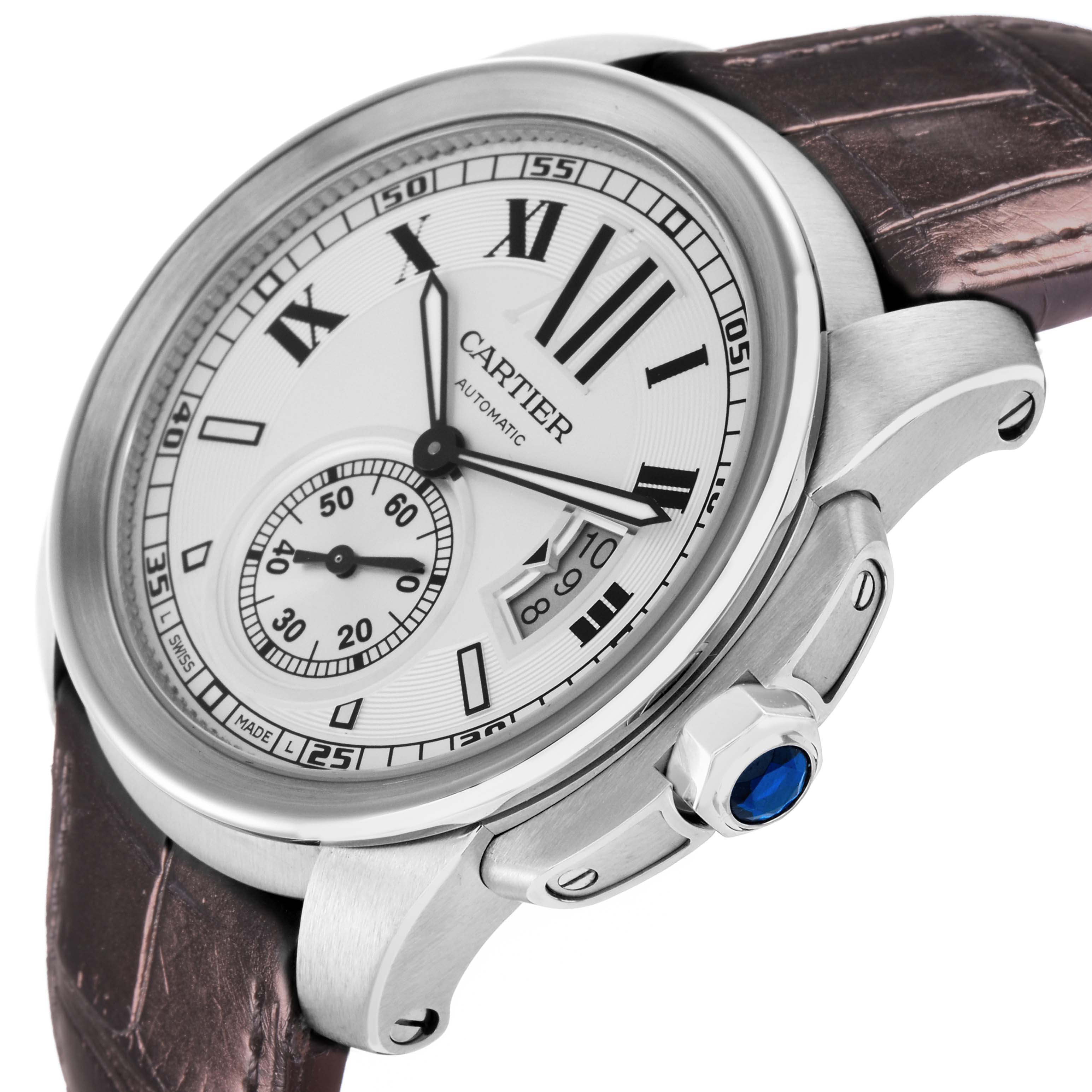 The Calibre de Cartier model W7100037 is shown at a slight angle highlighting the dial, bezel, case, and crown with the leather strap partially visible.