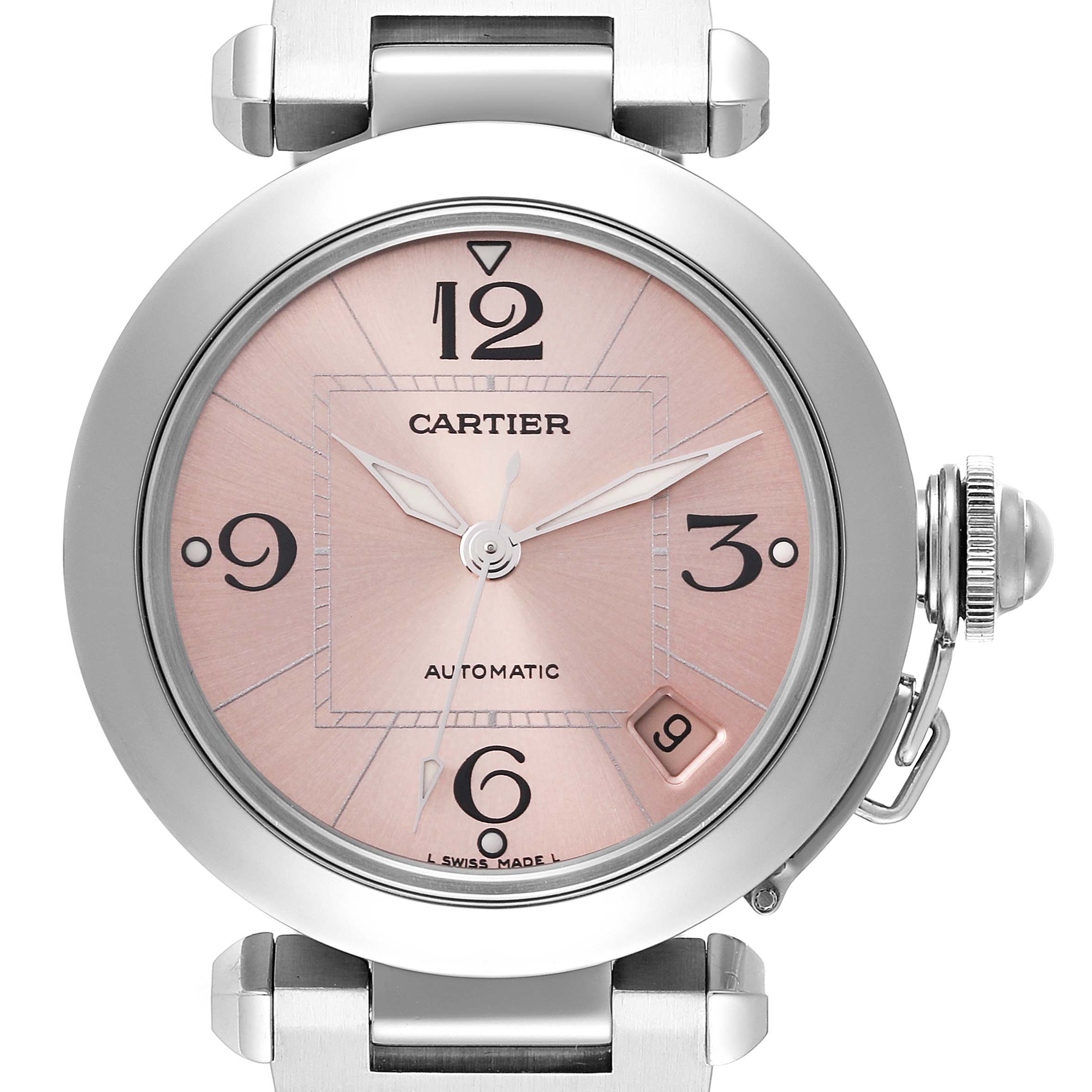 The image shows a front view of a Cartier Pasha W31075M7 Women's Stainless Steel Pink Dial W31075M7 Women's Stainless Steel Pink Dial watch, highlighting its round face, numerals, hands, and date window.