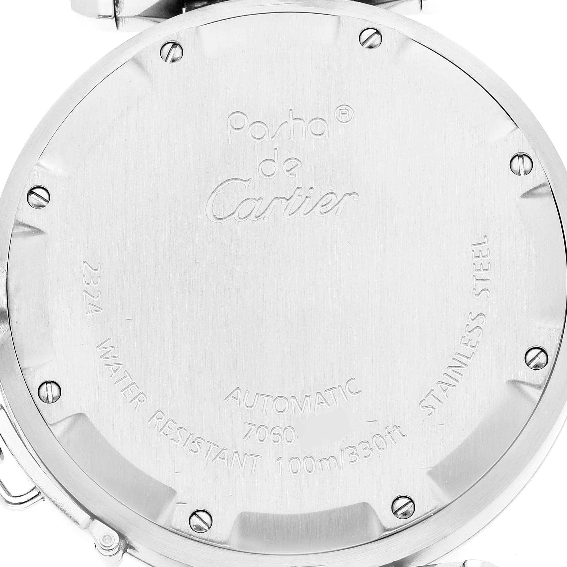 This image shows the back case of a Cartier Pasha W31075M7 Women's Stainless Steel Pink Dial W31075M7 Women's Stainless Steel Pink Dial watch, displaying details like water resistance and material.
