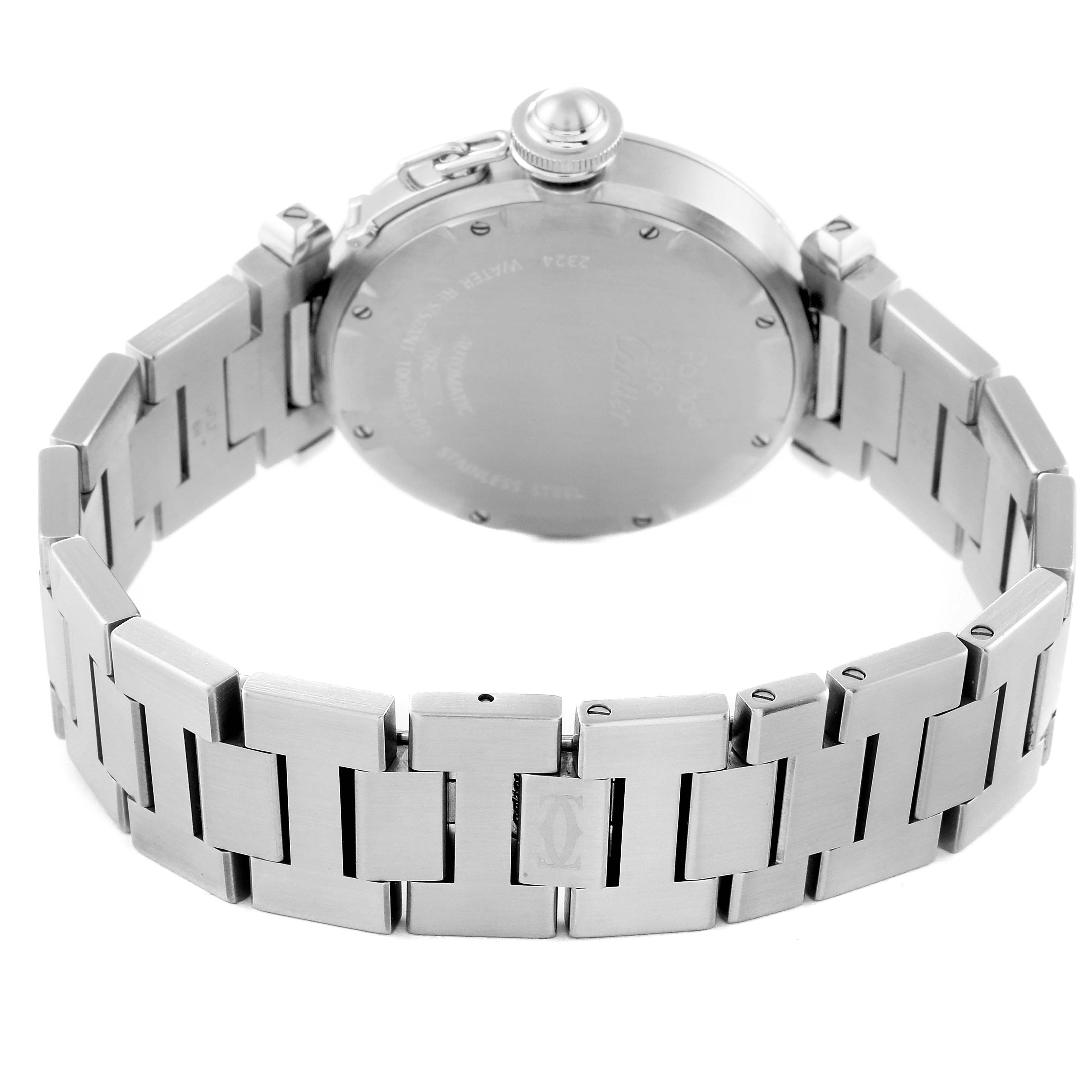 This image shows the back and bracelet of the Cartier Pasha W31075M7 Women's Stainless Steel Pink Dial W31075M7 Women's Stainless Steel Pink Dial watch from an angle that highlights the clasp and links.