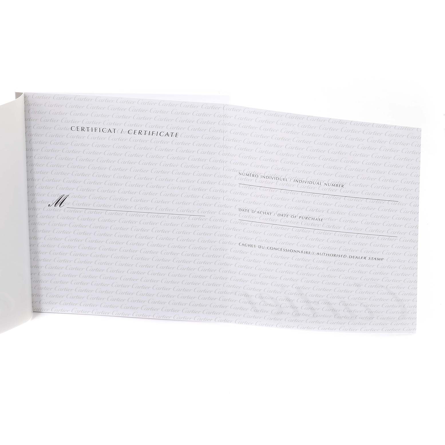 The image shows a partially opened certificate booklet for the Cartier Pasha W31075M7 Women's Stainless Steel Pink Dial W31075M7 Women's Stainless Steel Pink Dial watch model.