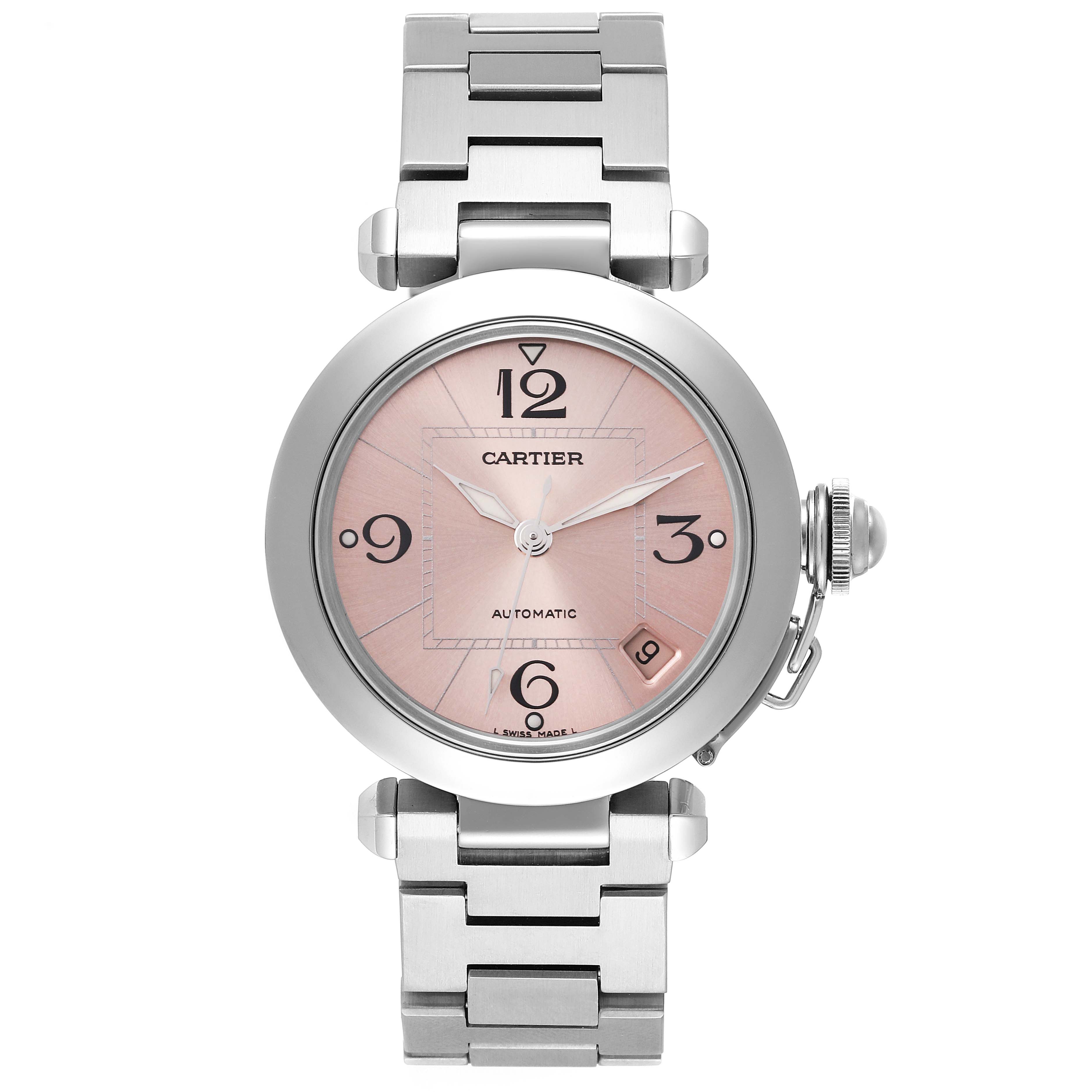 This image shows a front view of the Cartier Pasha W31075M7 Women's Stainless Steel Pink Dial W31075M7 Women's Stainless Steel Pink Dial watch, highlighting its pink dial, metal bracelet, and crown.