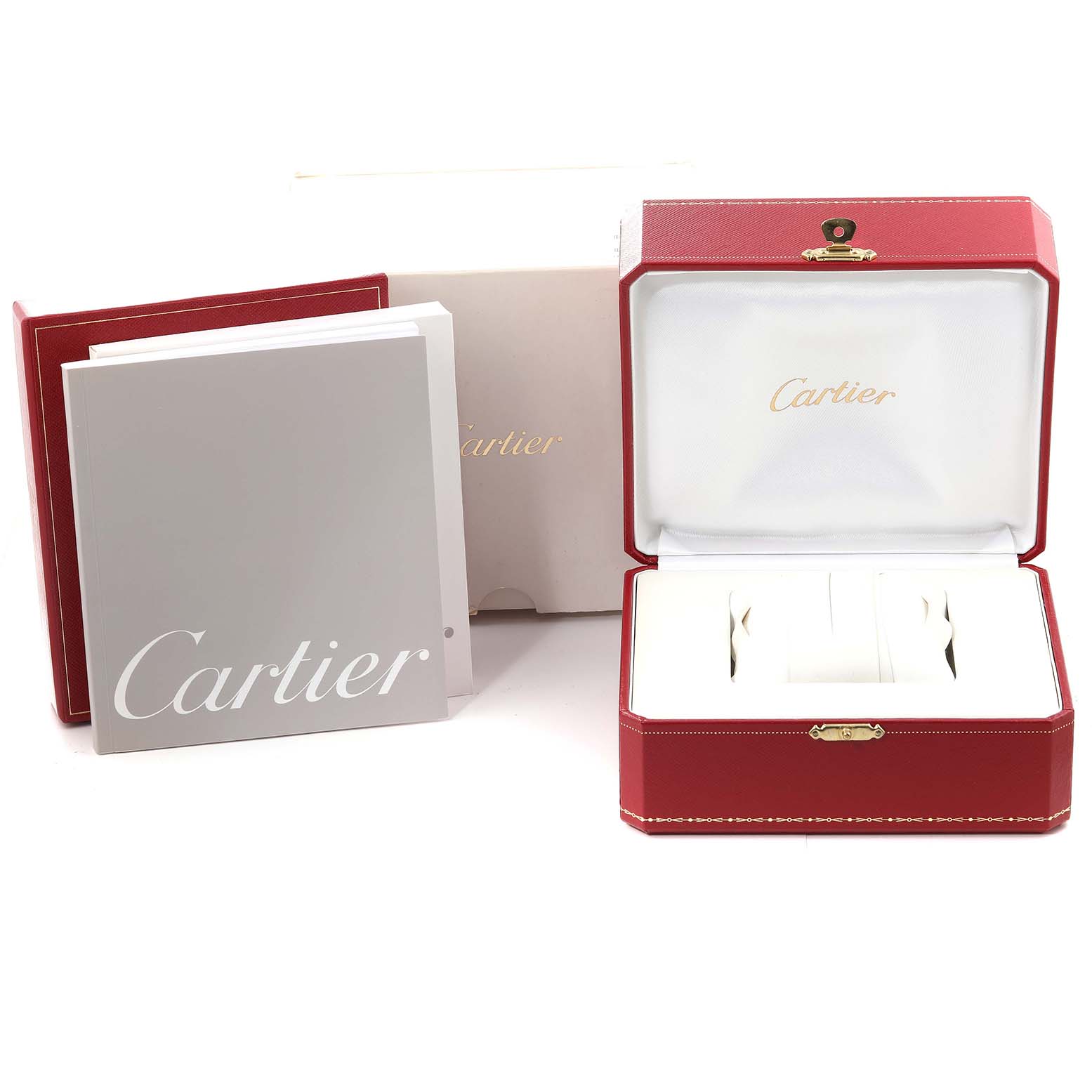 The image shows the box, case, and booklet for the Cartier Pasha W31075M7 Women's Stainless Steel Pink Dial W31075M7 Women's Stainless Steel Pink Dial watch, all displayed from a front angle.