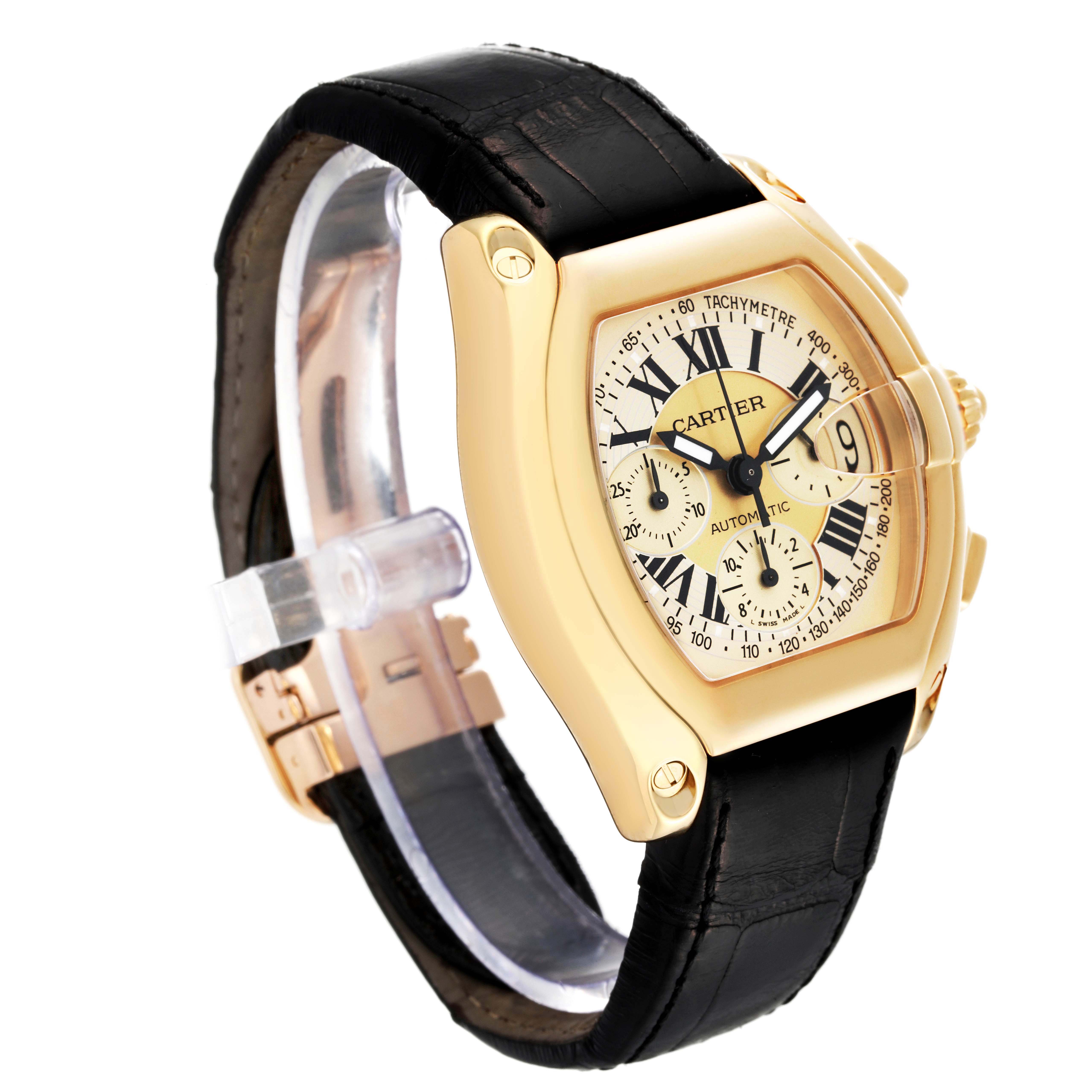 This image of the Cartier Roadster W62021Y3 Men's Yellow Gold Champagne Dial W62021Y3 Men's Yellow Gold Champagne Dial watch shows a side angle highlighting its black leather strap and gold case.