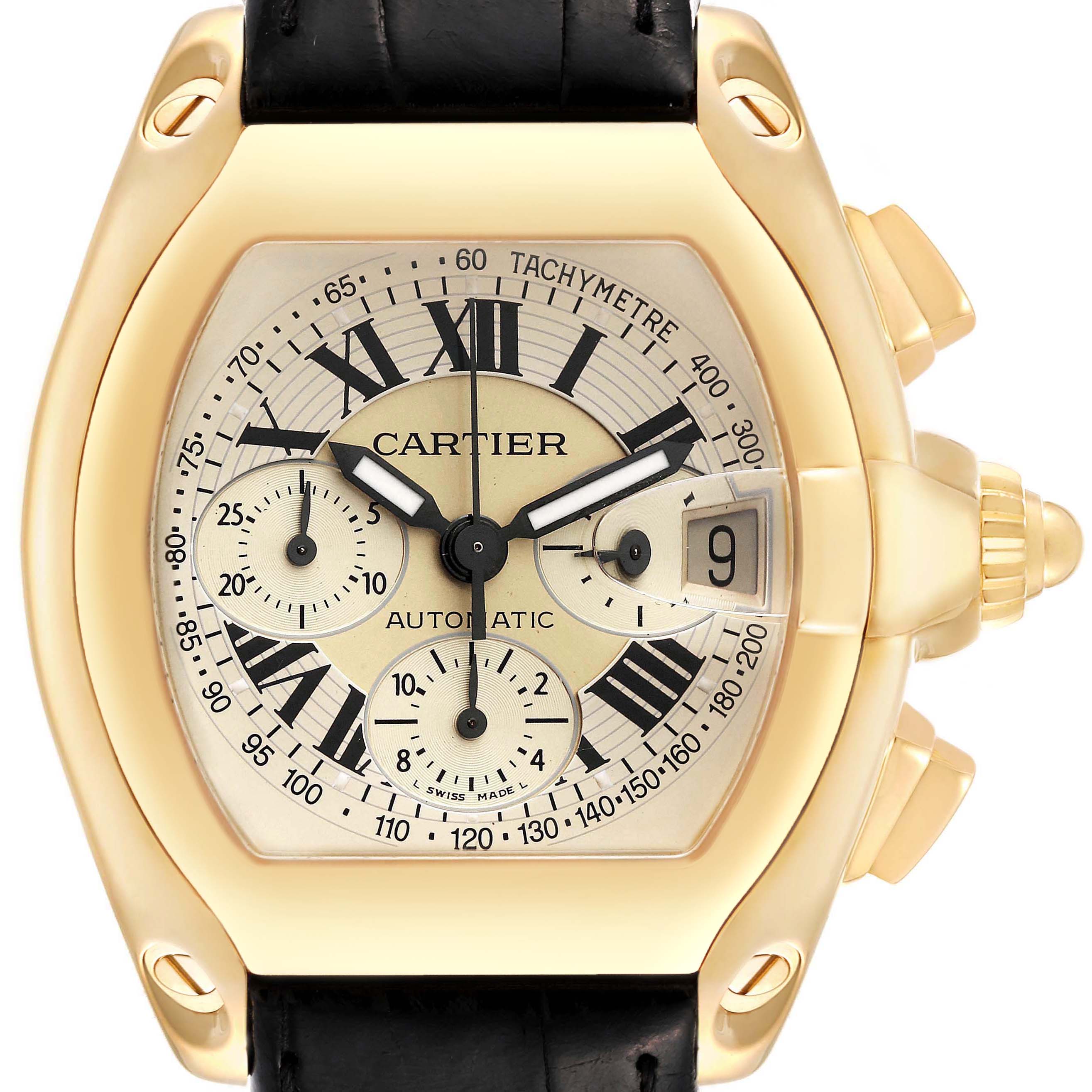 The image shows a close-up front view of a Cartier Roadster W62021Y3 Men's Yellow Gold Champagne Dial W62021Y3 Men's Yellow Gold Champagne Dial watch, highlighting the dial, crown, and chronograph buttons.