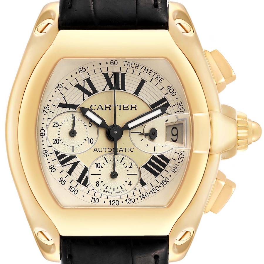 Cartier Roadster Chronograph Yellow Gold Black Strap Mens Watch