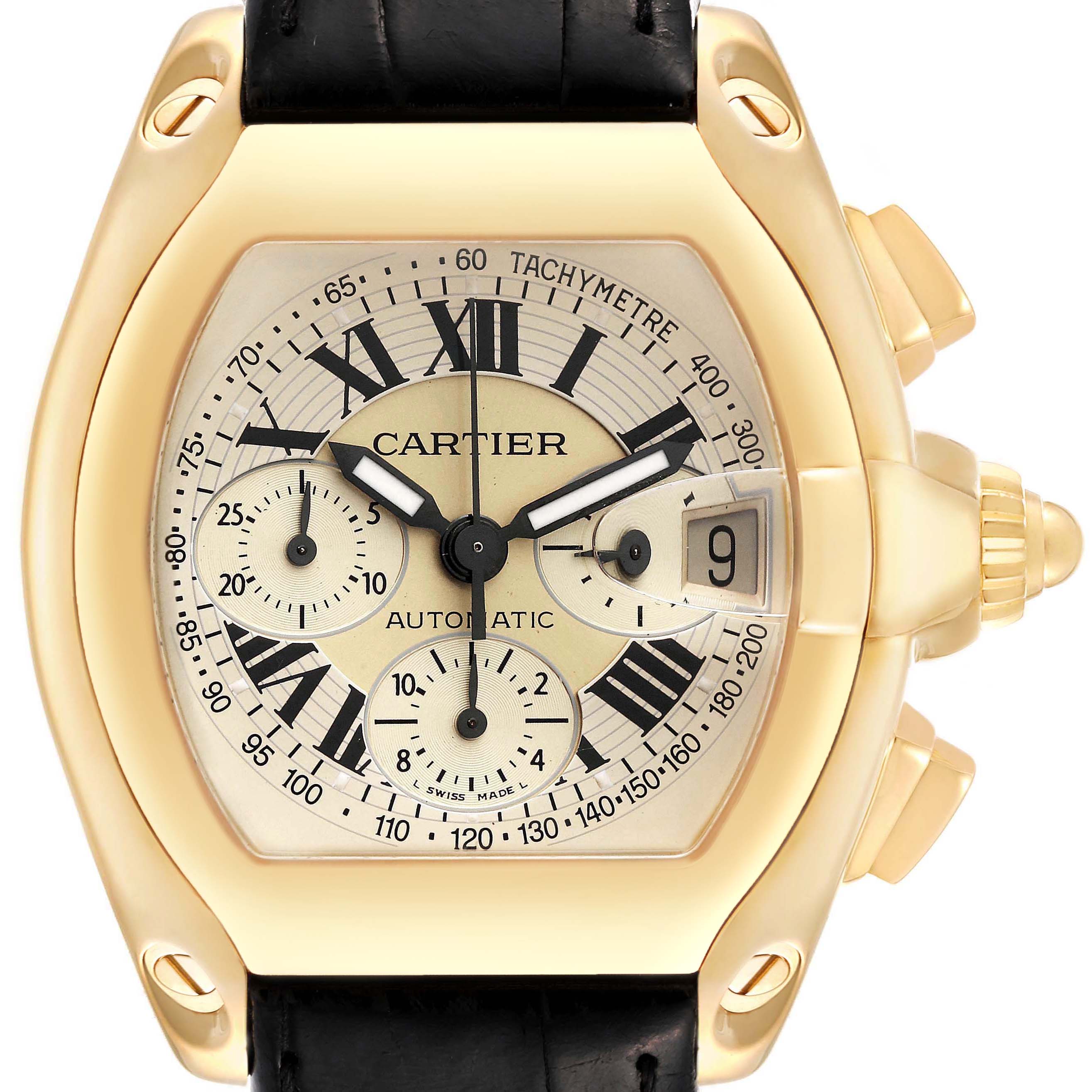 CARTIER 18K Yellow Gold Roadster Chronograph W62021Y3 Box Warranty MINTY